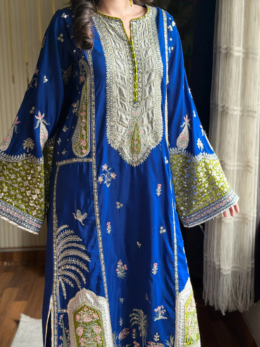 Chaman royal blue embroidered kaftan neckline close up - Fabric Emporium