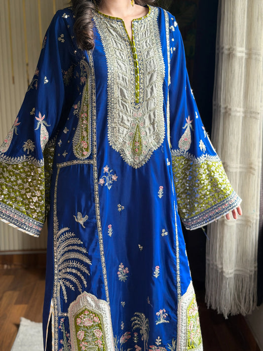 Chaman royal blue embroidered kaftan neckline close up - Fabric Emporium