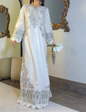 Close-up of ivory kaftan bodice with pastel floral embroidery and sequin detailing