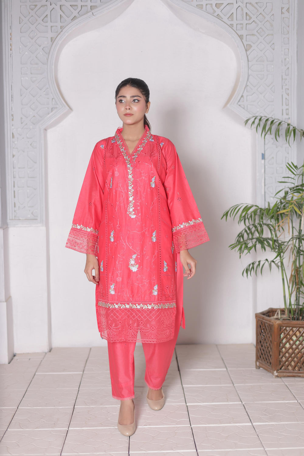 FECTN 114 2Pcs Embroidered Cotton suit shirt and trousers - Fabric Emporium Official