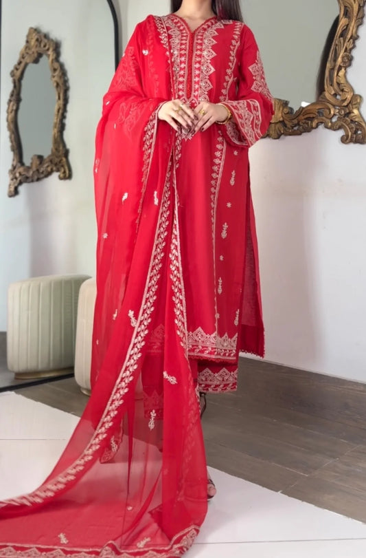 RED ORNATE – 3PC COTTON EMBROIDERED SUIT
