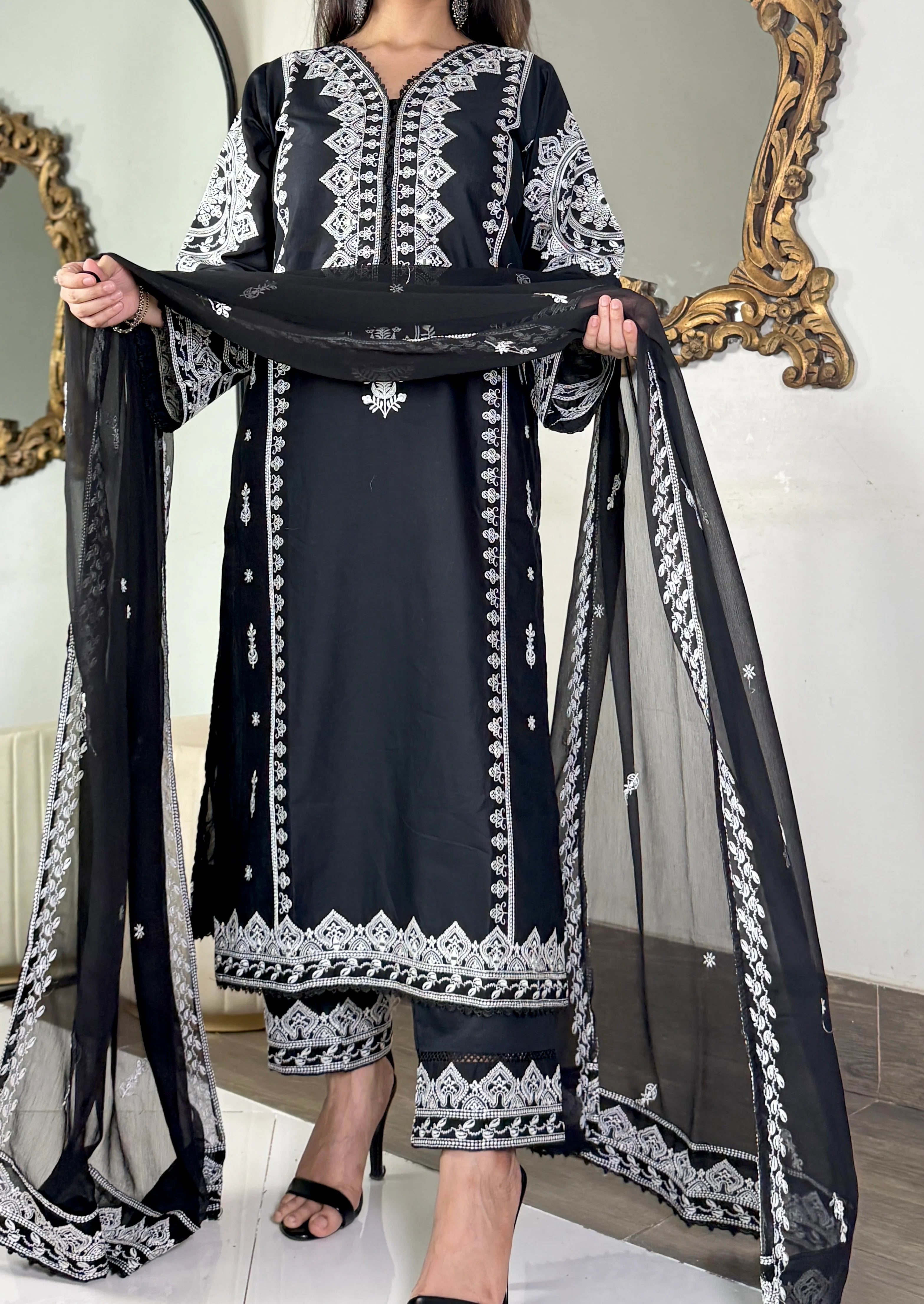 Black Ornate 3PC Cotton Embroidered Suit – Luxury Summer Pret