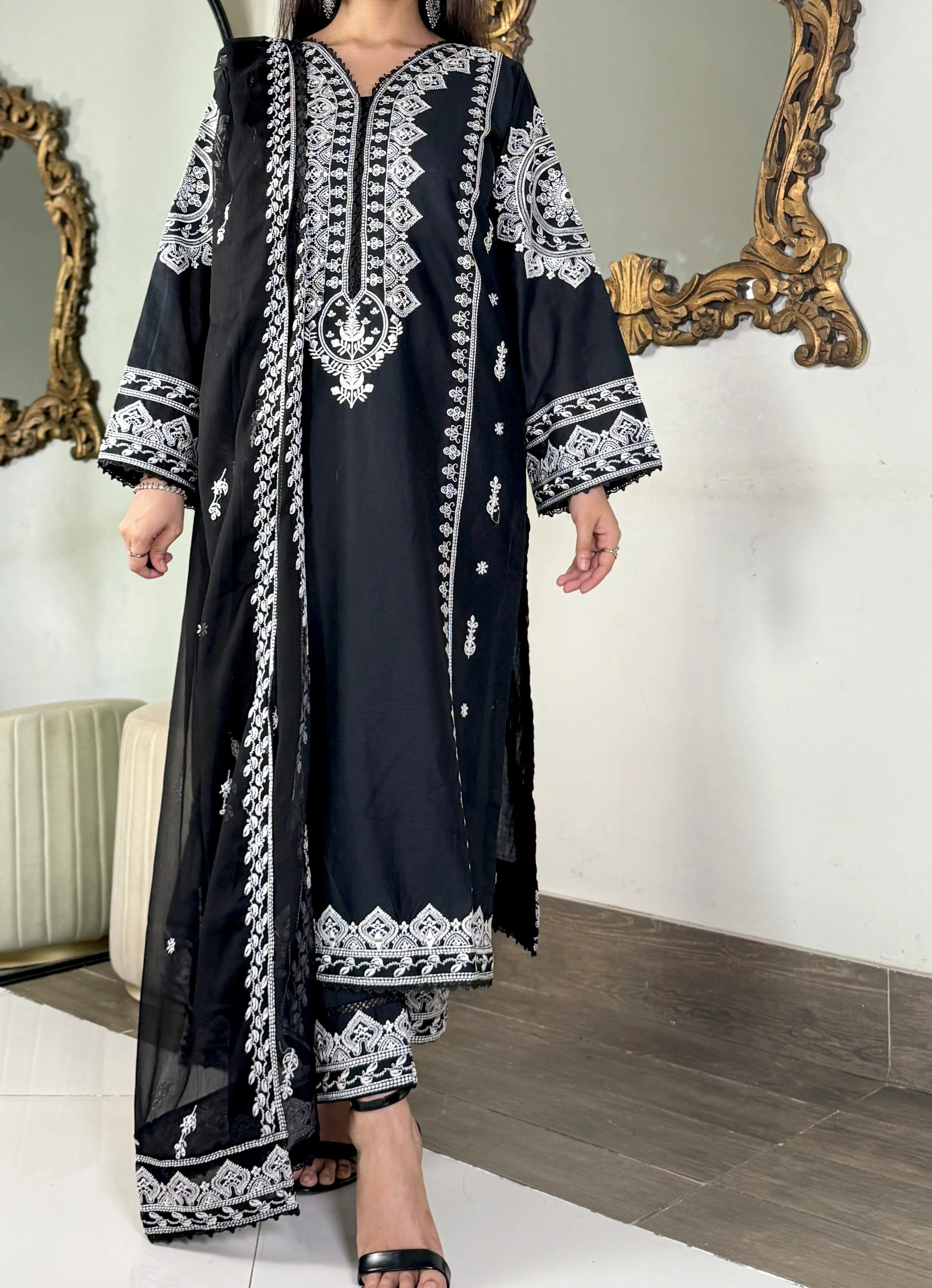 Black Ornate 3PC Cotton Embroidered Suit – Luxury Summer Pret