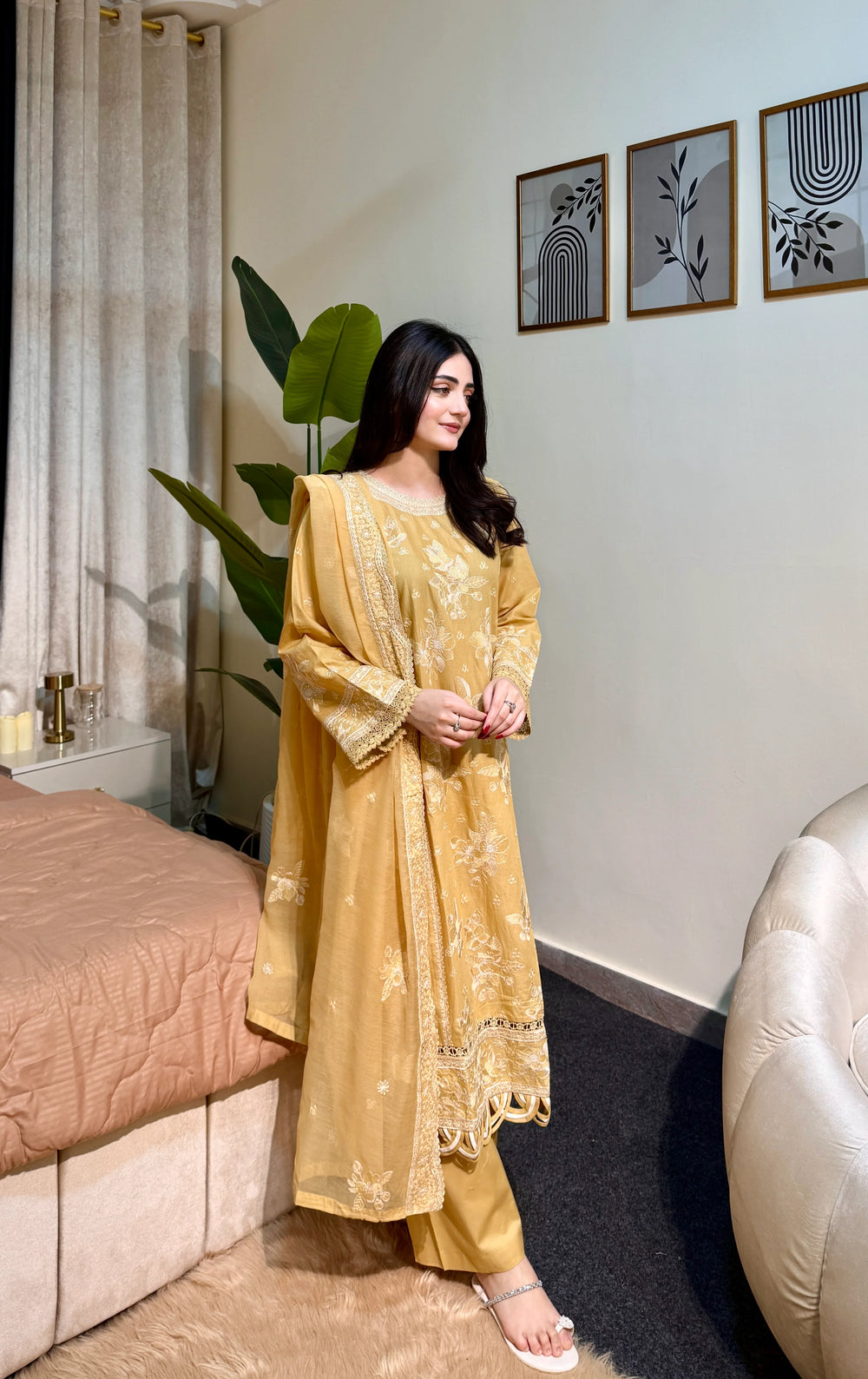 Mustard embroidered cotton ensemble 3 pcs Pakistani designer wear