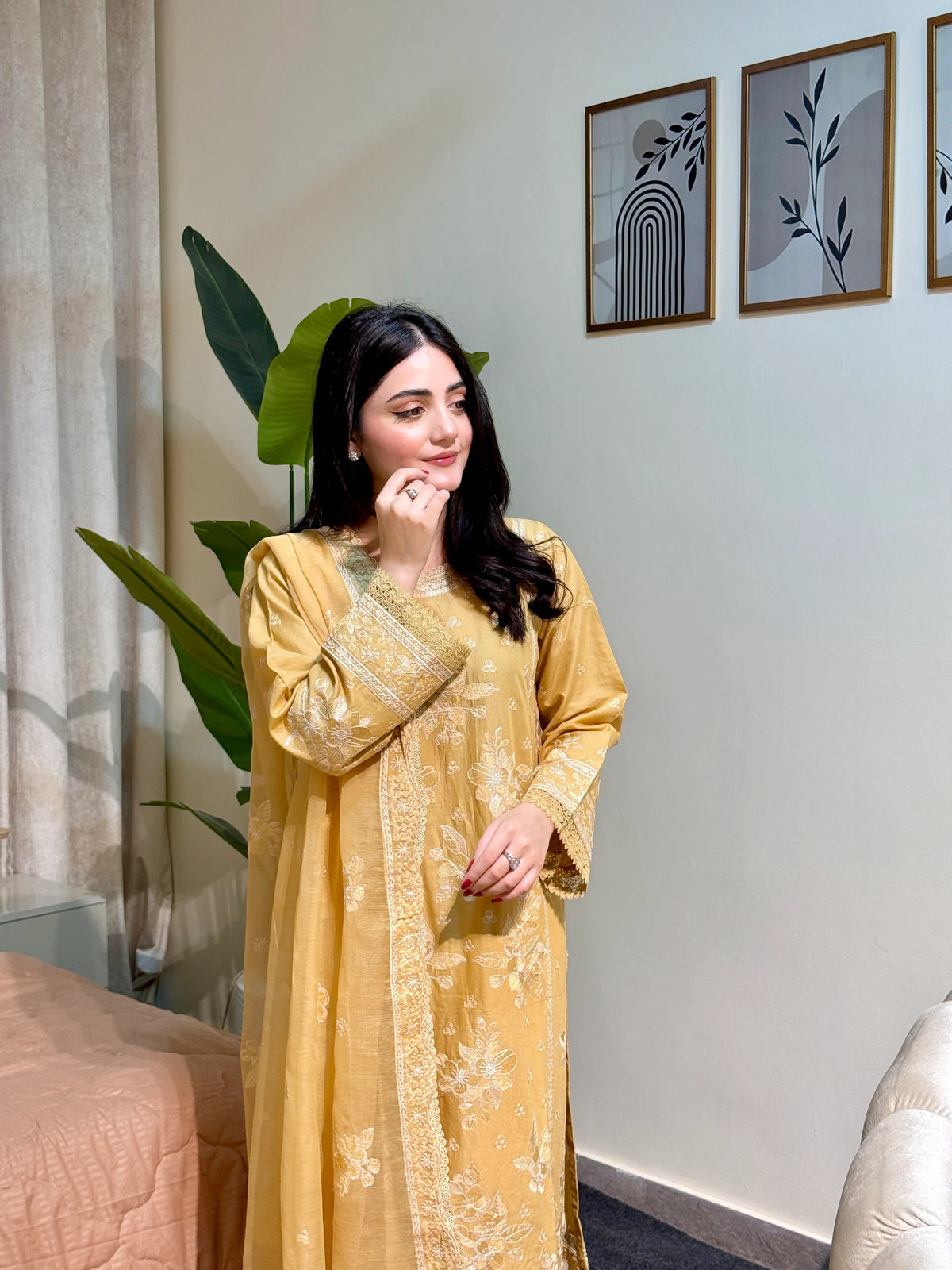 Luxury mustard cotton embroidered suit Zarif 3 piece outfit