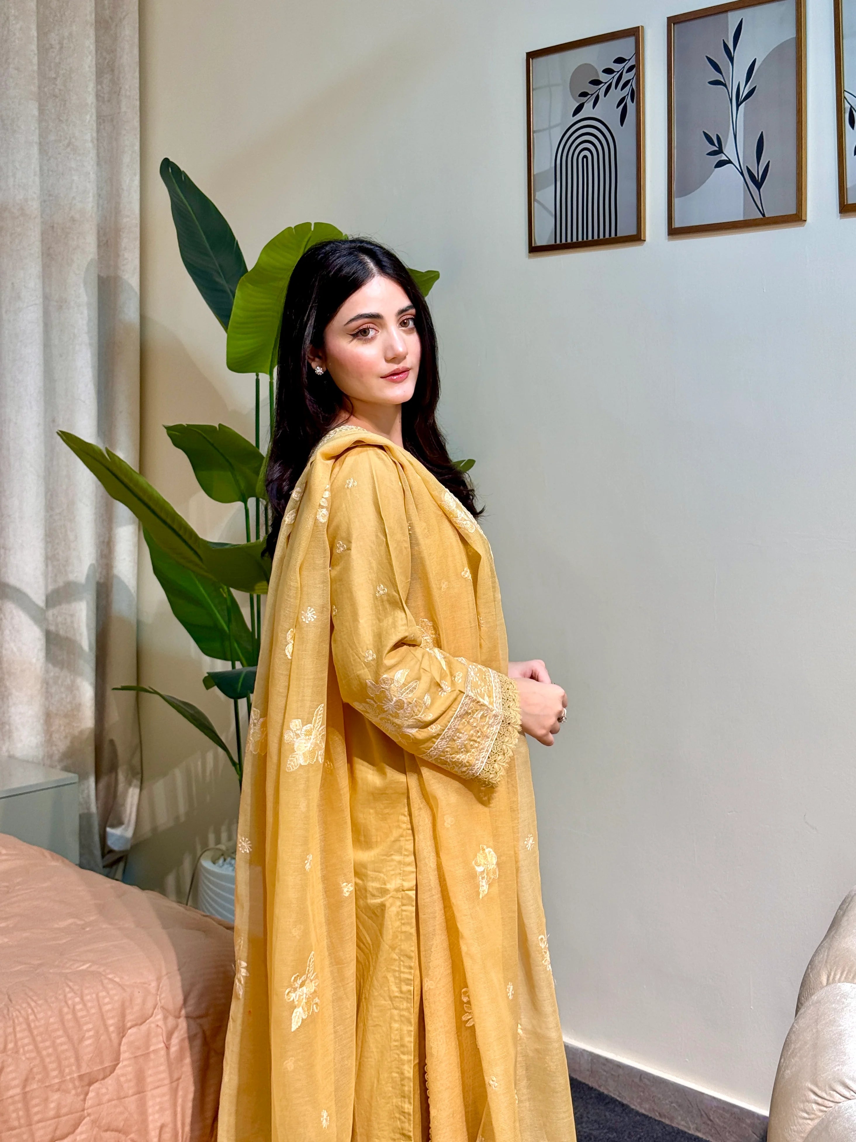 Women’s mustard embroidered cotton 3 pcs festive wear Pakistan
