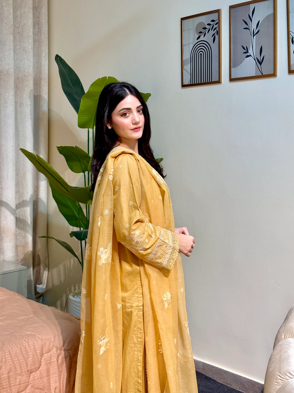 Women’s mustard embroidered cotton 3 pcs festive wear Pakistan
