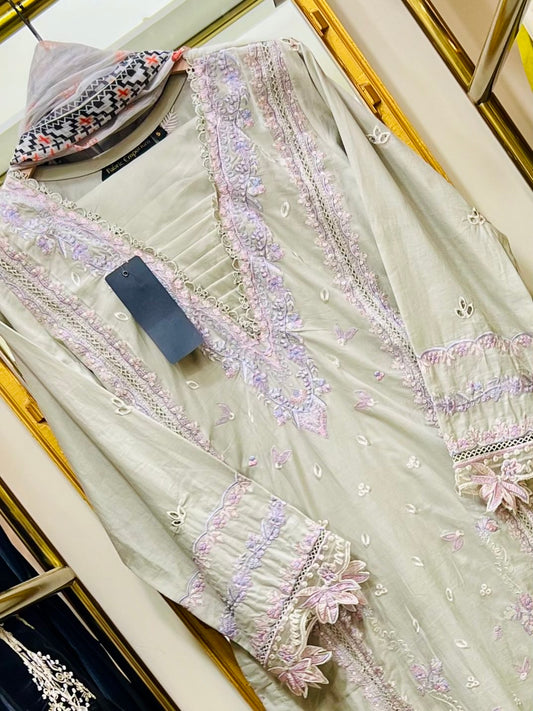 Sage Élégance – Pale Sage Green Embroidered Cotton 3 Piece Suit