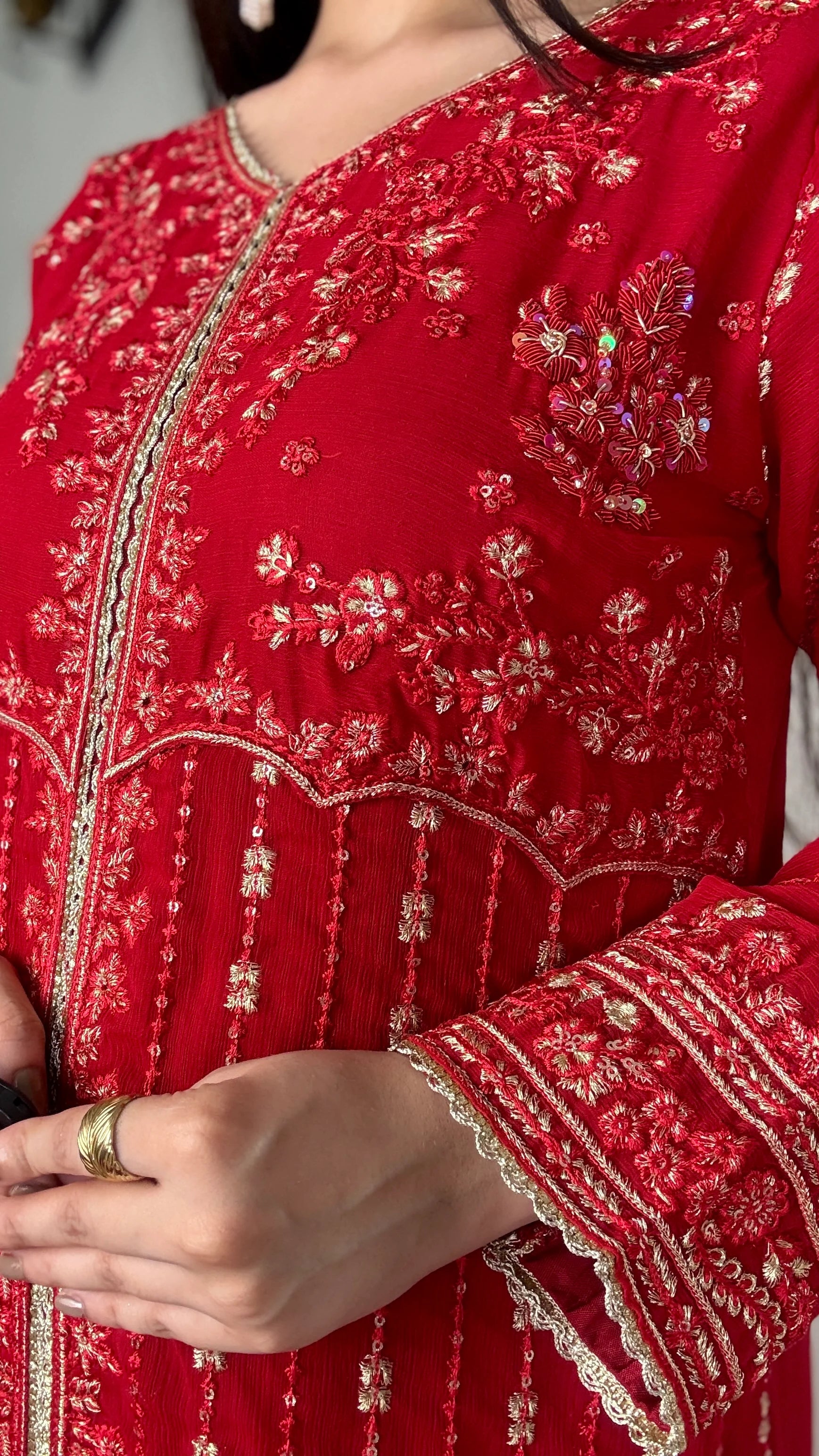 Aura Luxe Red Chiffon 3-Piece Suit – Sequins Embroidered Formal Wear