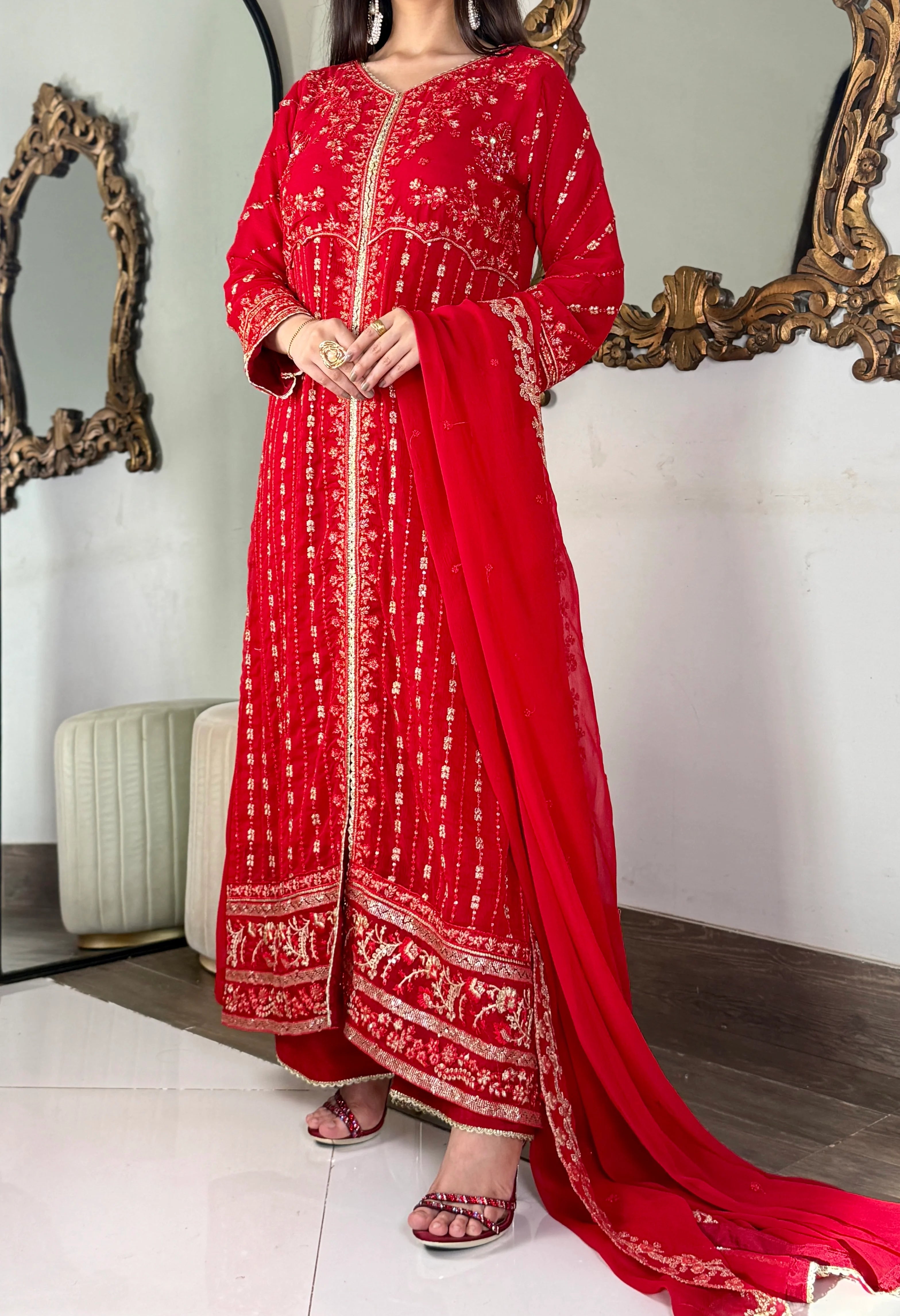 Aura Luxe Red Chiffon 3-Piece Suit – Sequins Embroidered Formal Wear