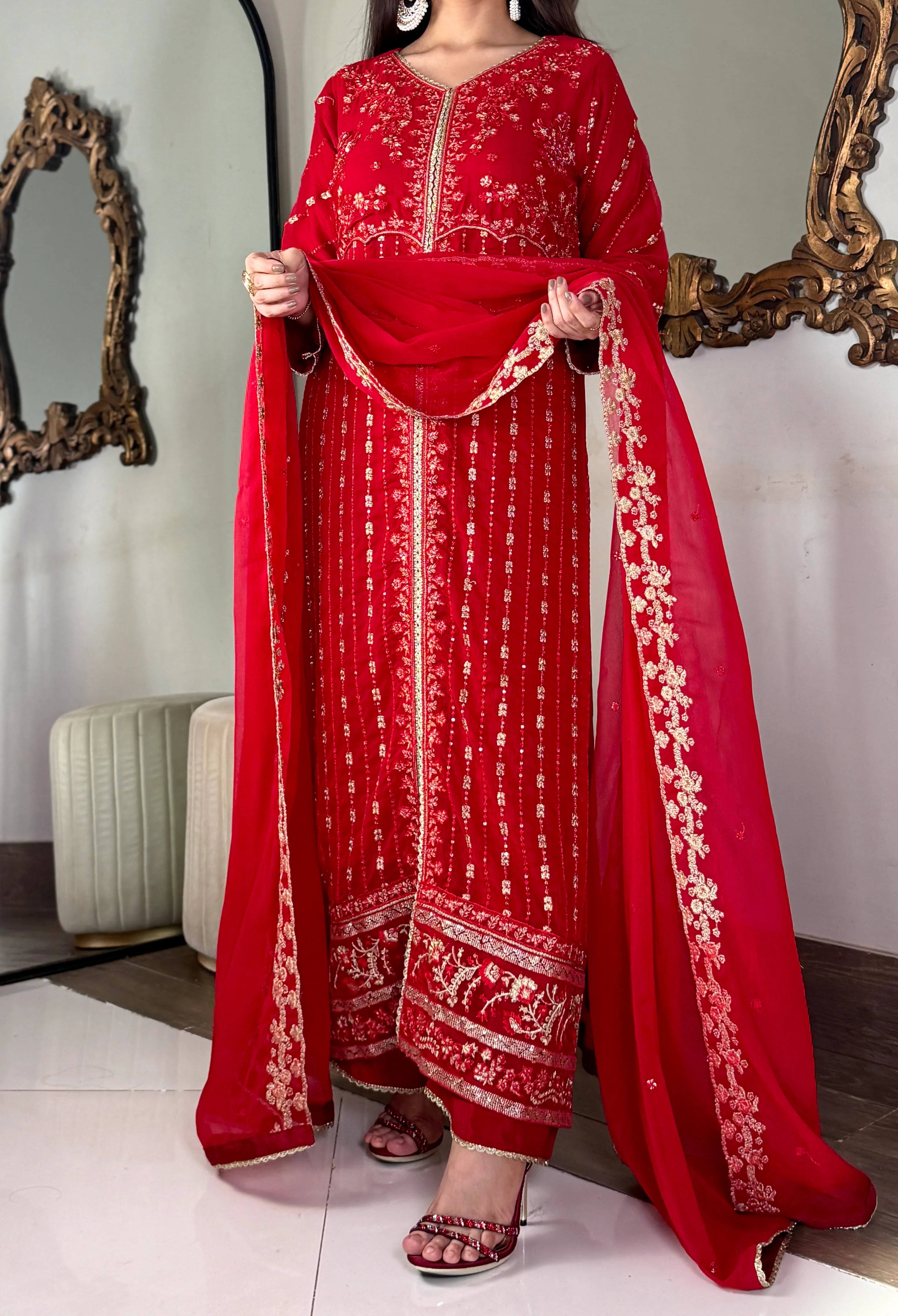 Aura Luxe Red Chiffon 3-Piece Suit – Sequins Embroidered Formal Wear