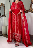 Aura Luxe Red Chiffon 3-Piece Suit – Sequins Embroidered Formal Wear