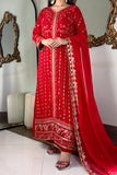 Aura Luxe Red Chiffon 3-Piece Suit – Sequins Embroidered Formal Wear
