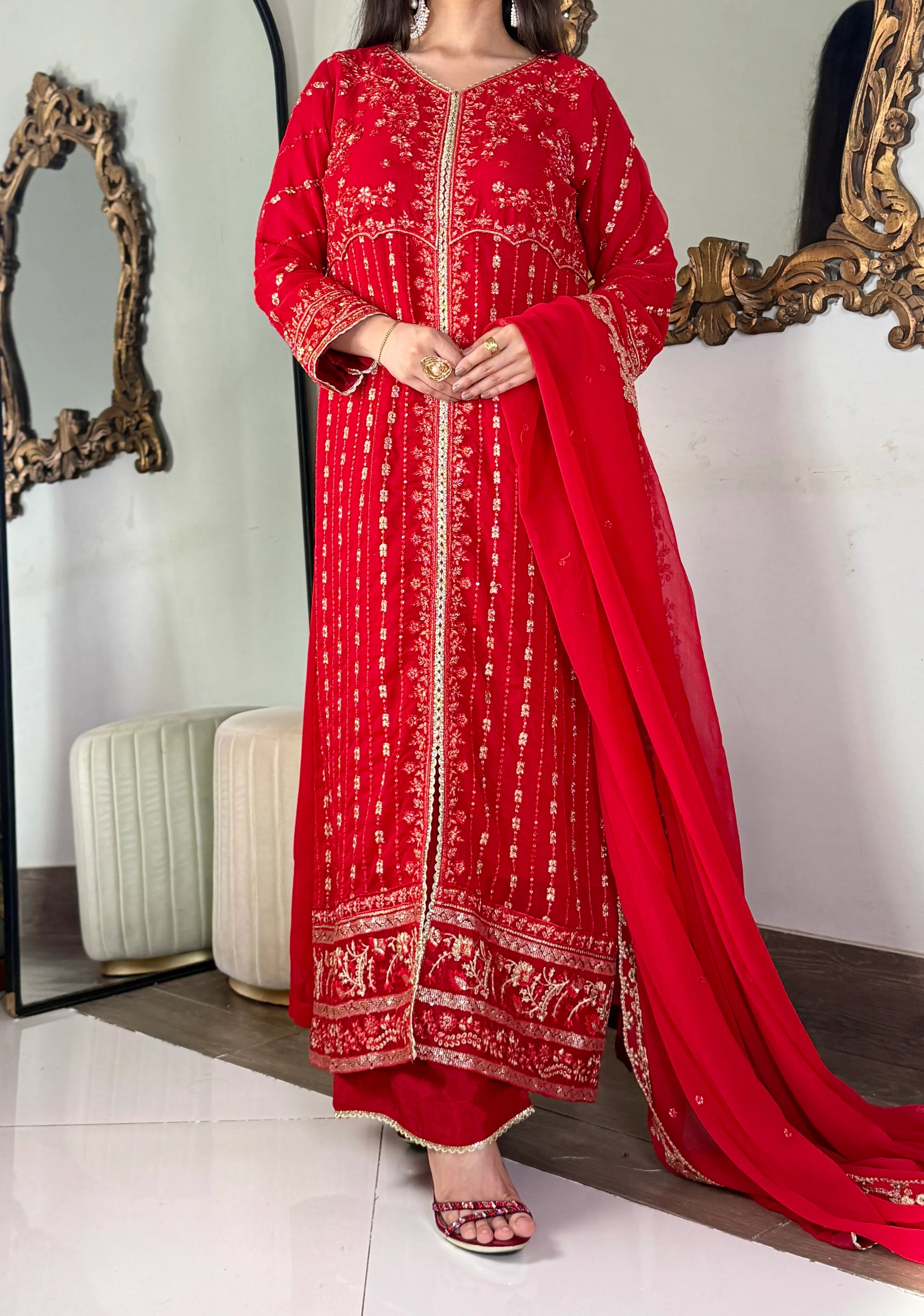 Aura Luxe Red Chiffon 3-Piece Suit – Sequins Embroidered Formal Wear