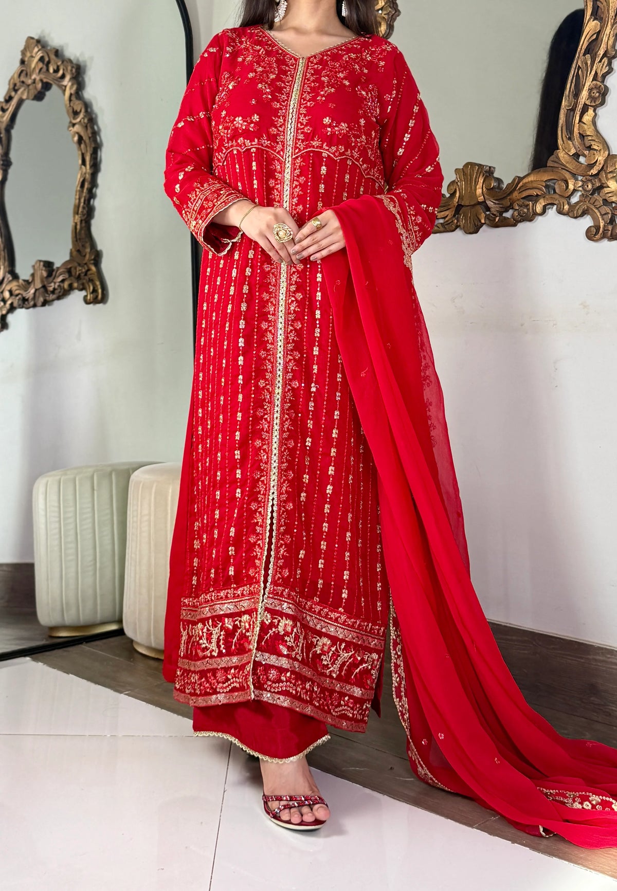Aura Luxe Red Chiffon 3-Piece Suit – Sequins Embroidered Formal Wear