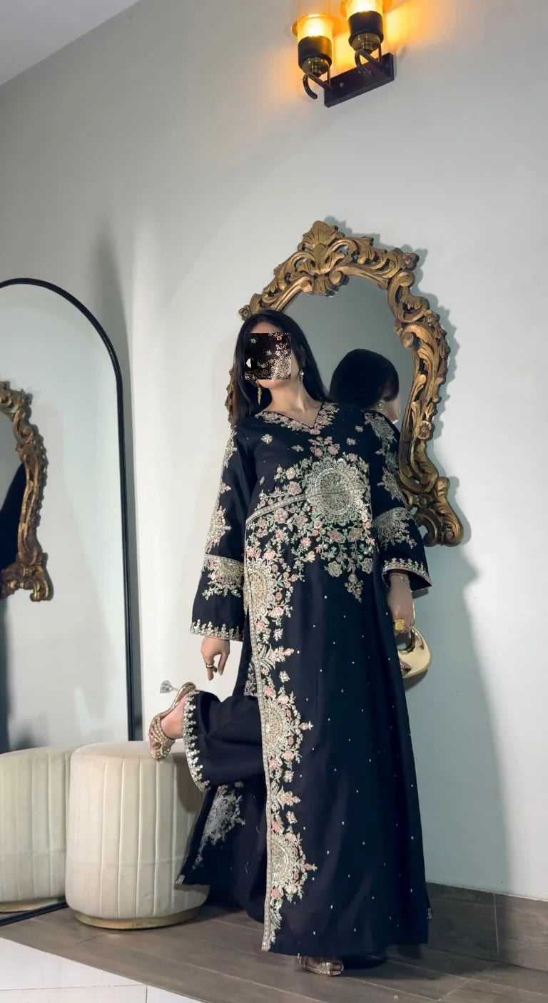 Mehr – Black Embroidered Long Shirt with Embroidered Trouser | 2Pc Luxury Pret