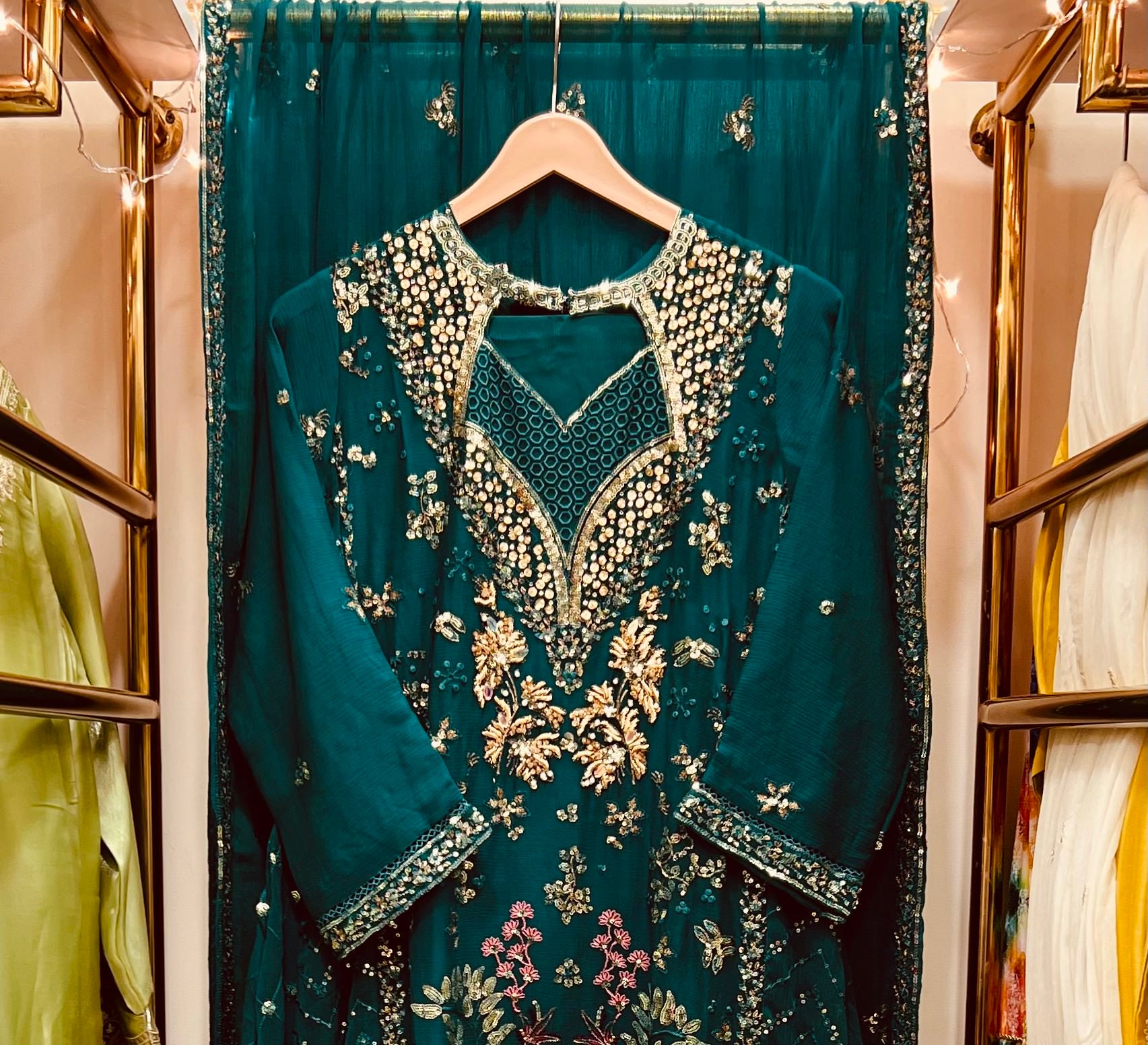 Luxury Emerald Green Embroidered Formal Gown with Dupatta – Festive Wedding Wear