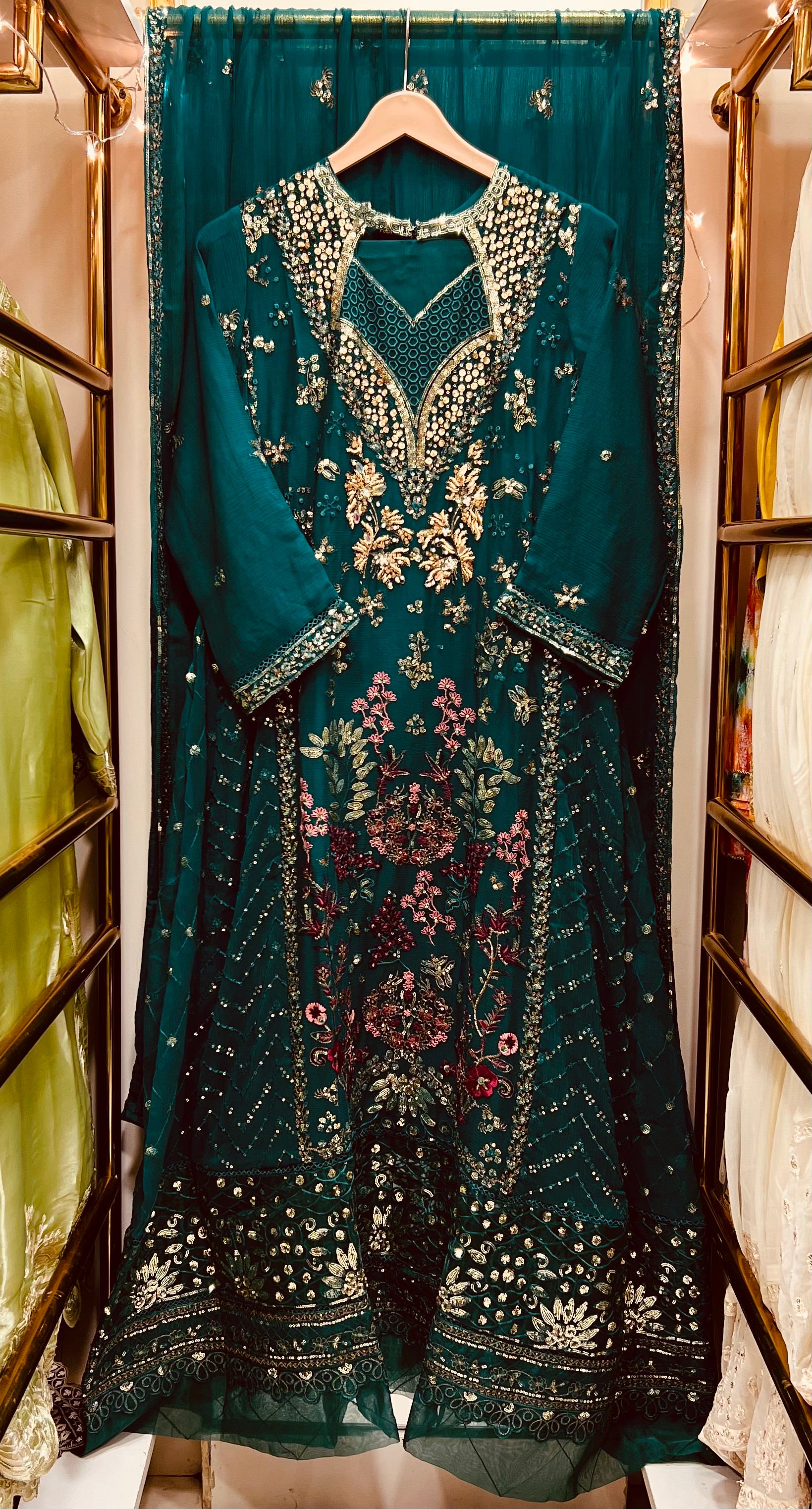Luxury Emerald Green Embroidered Formal Gown with Dupatta – Festive Wedding Wear