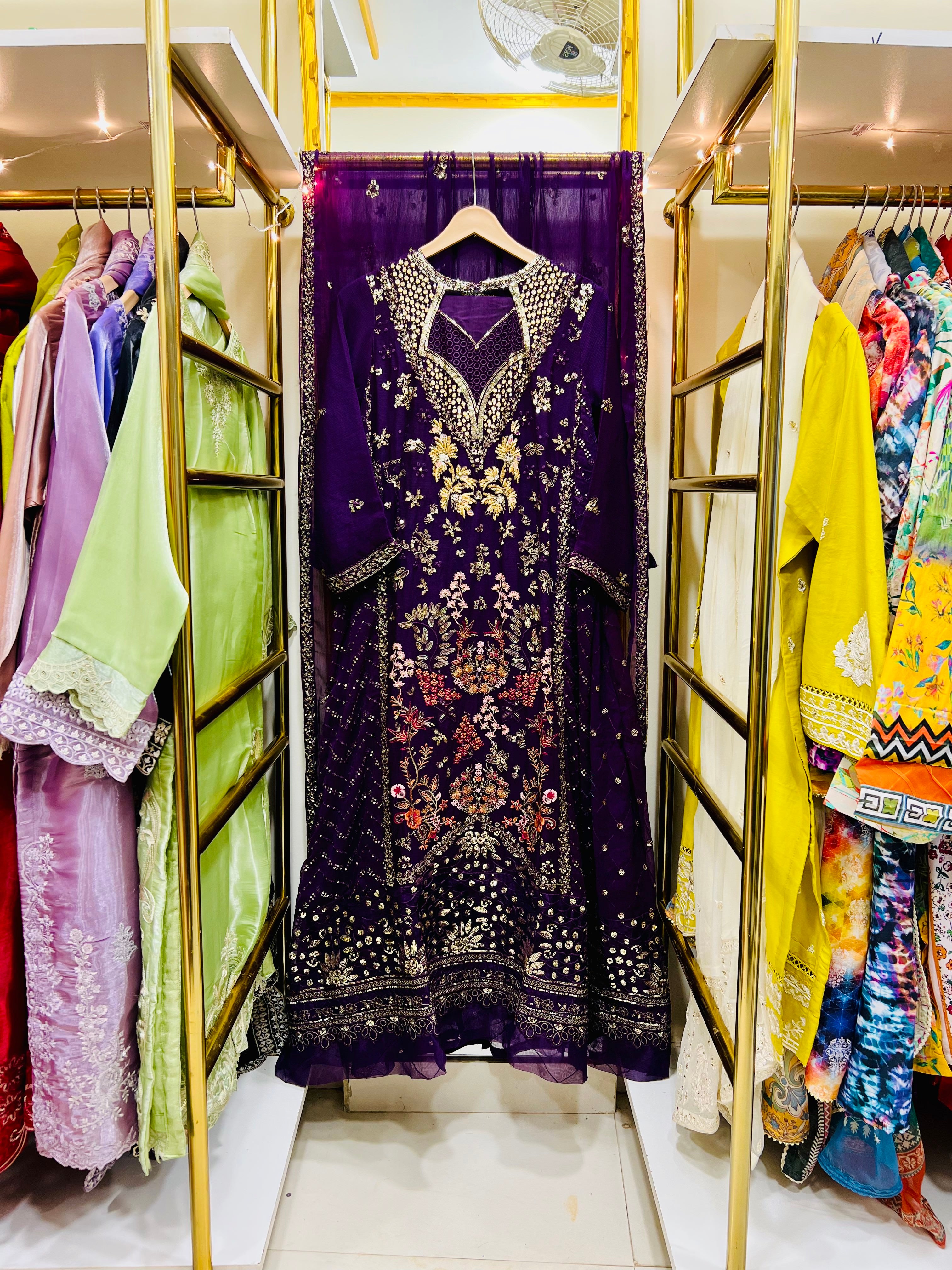 Luxury Purple Embroidered Formal Gown with Dupatta – Festive Wedding Wear