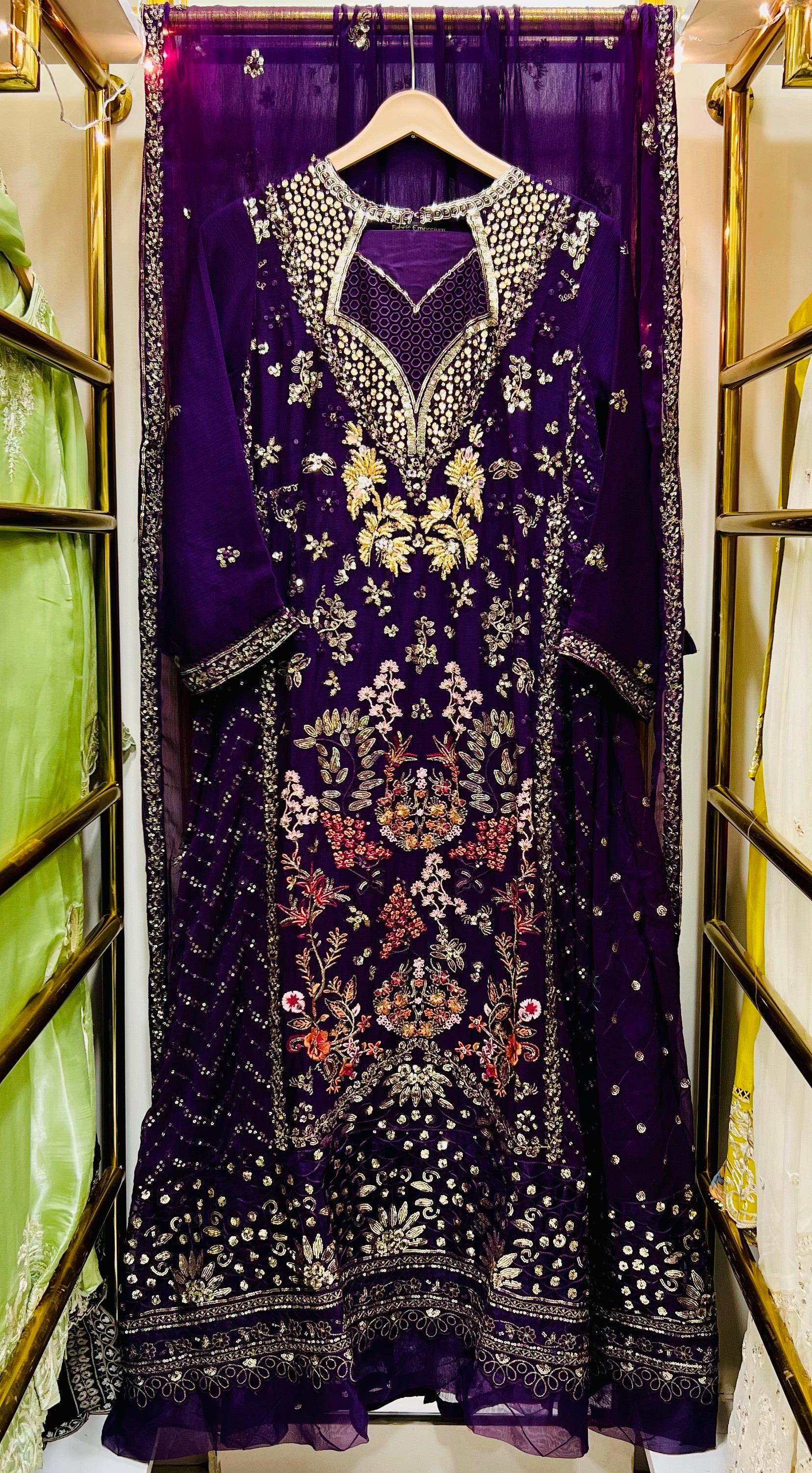 Luxury Purple Embroidered Formal Gown with Dupatta – Festive Wedding Wear