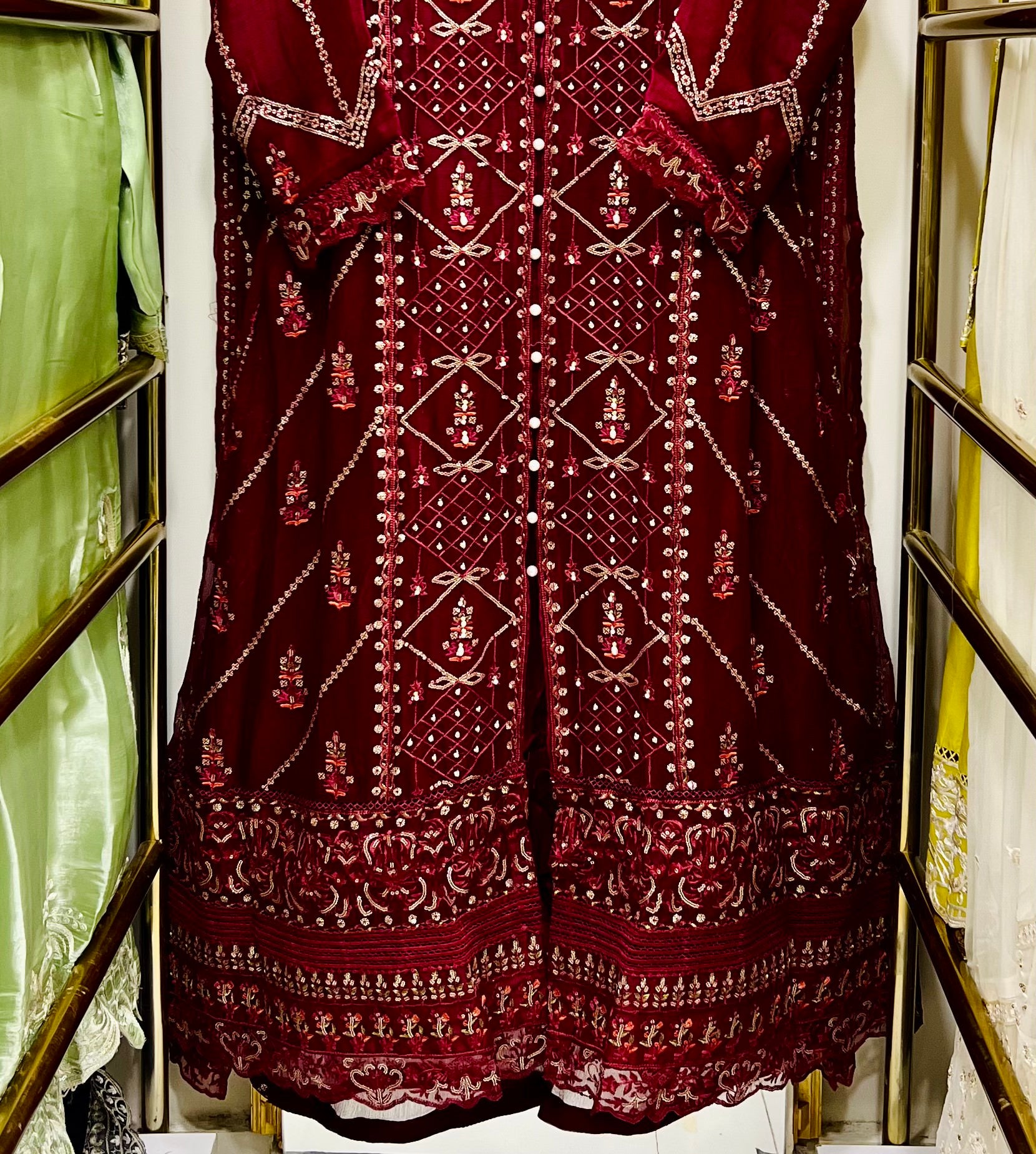 Mehroon Chiffon Gown 3 Piece – Embroidered Formal Maxi Dress with Dupatta | Wedding & Eid Wear Pakistan