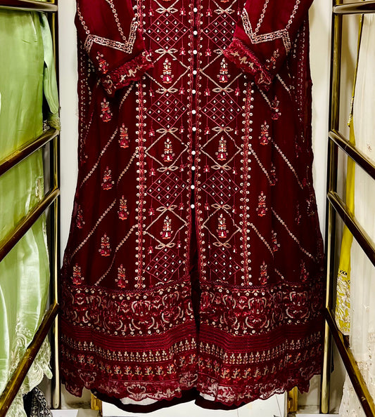 Mehroon Chiffon Gown 3 Piece – Embroidered Formal Maxi Dress with Dupatta | Wedding & Eid Wear Pakistan