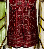 Mehroon Chiffon Gown 3 Piece – Embroidered Formal Maxi Dress with Dupatta | Wedding & Eid Wear Pakistan