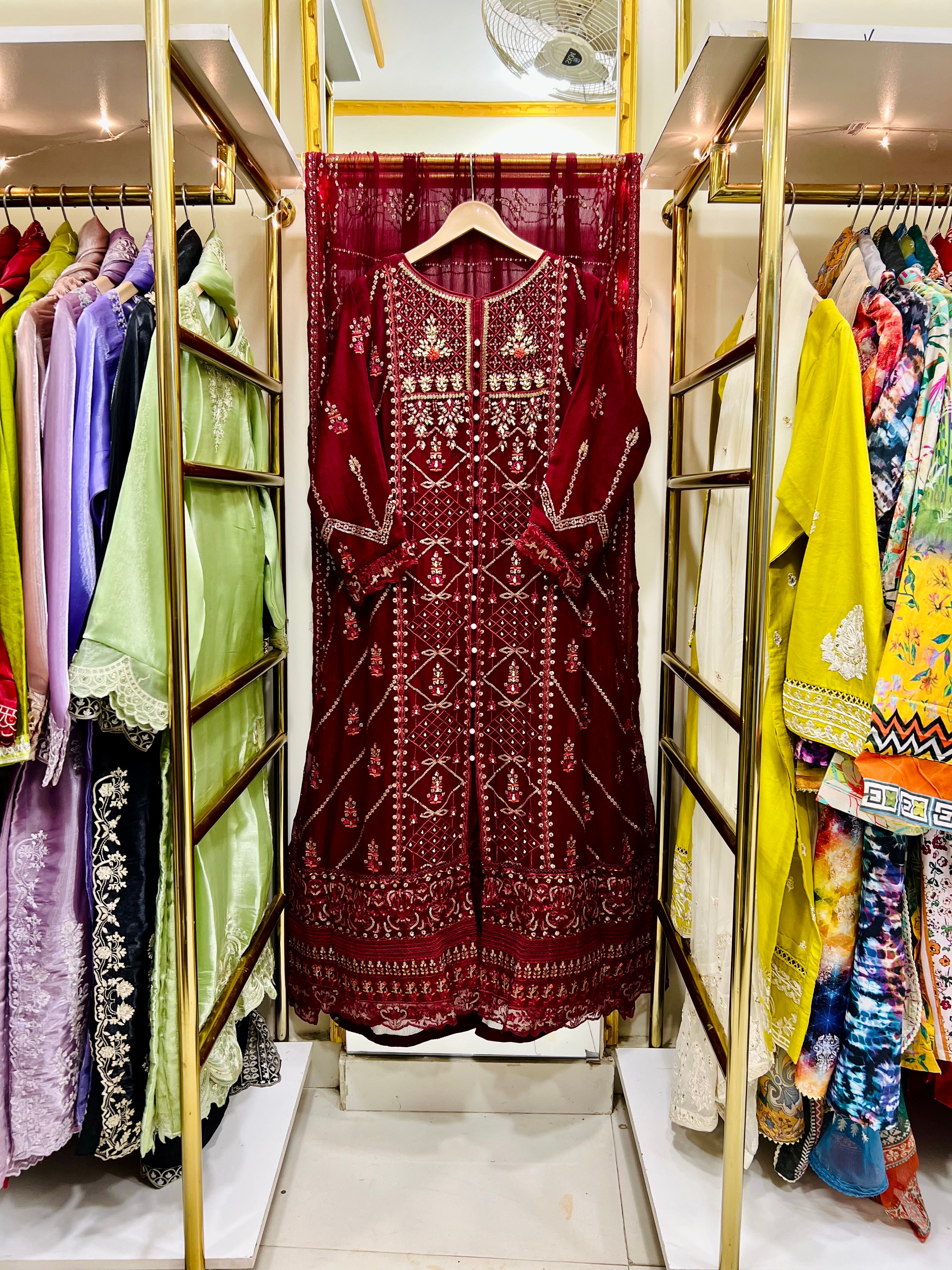 Mehroon Chiffon Gown 3 Piece – Embroidered Formal Maxi Dress with Dupatta | Wedding & Eid Wear Pakistan