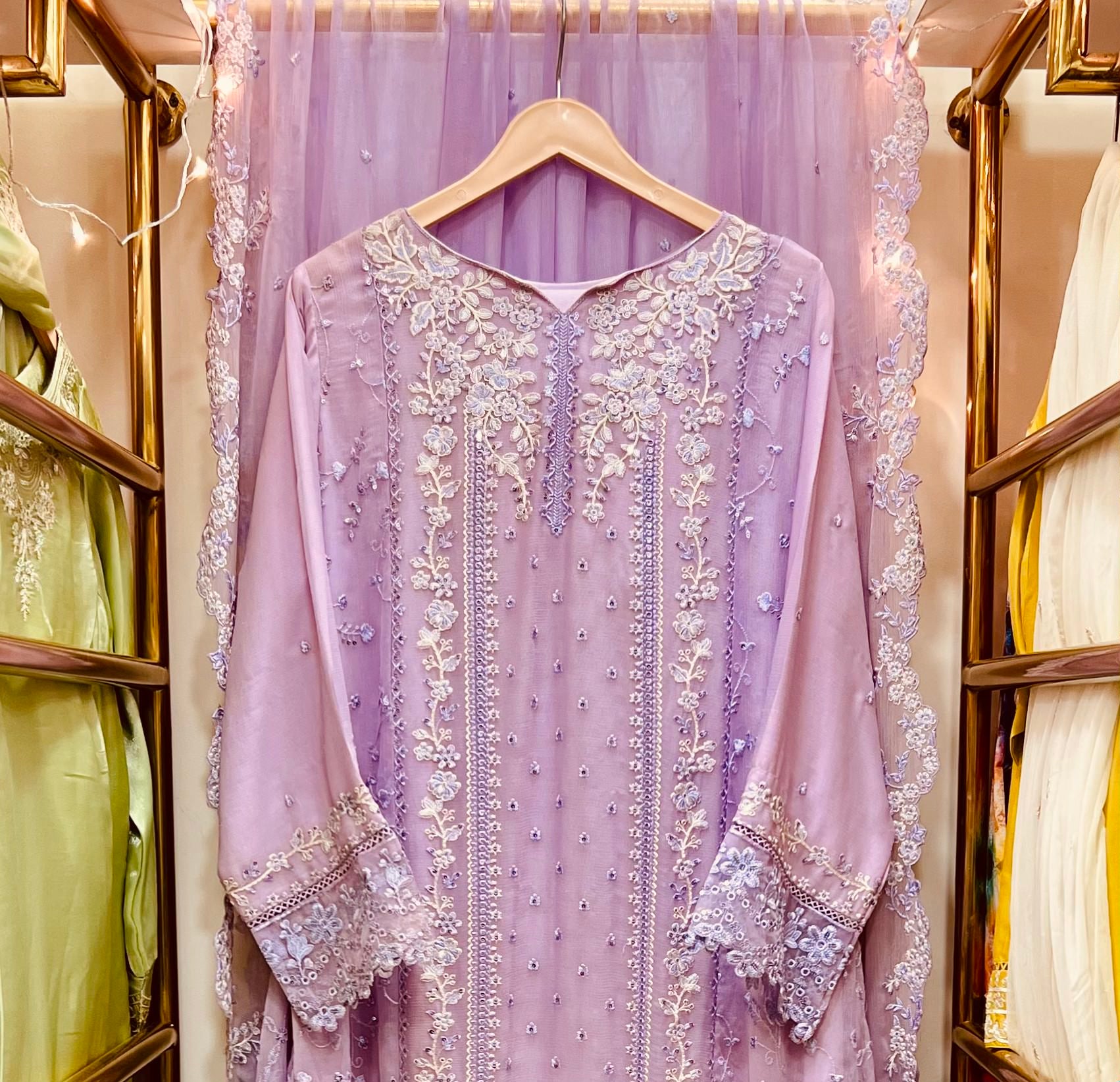 Lavender Luxe Embroidered Chiffon 3-Piece Stitched Suit – Formal Eid & Festive Wear