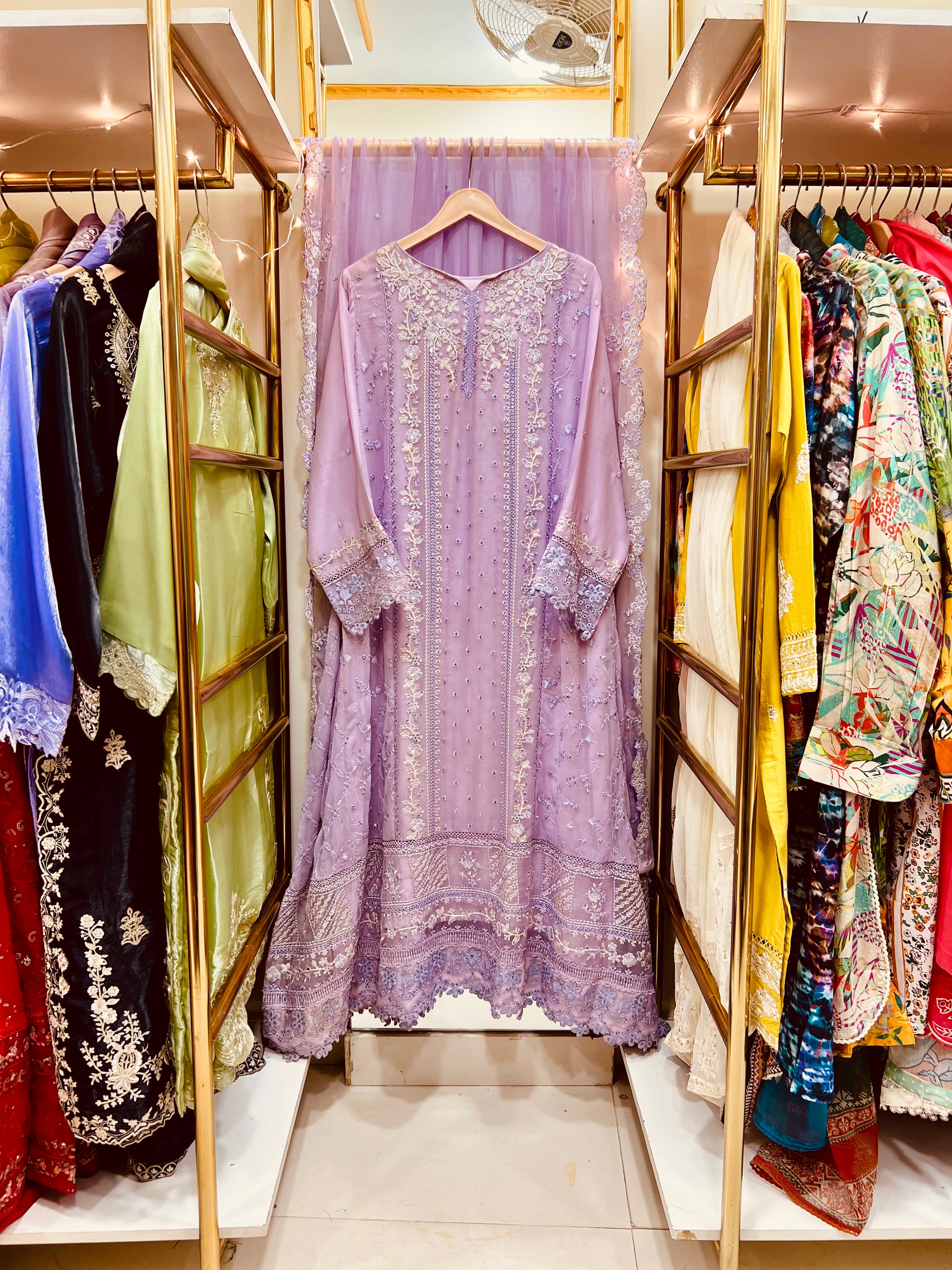 Lavender Luxe Embroidered Chiffon 3-Piece Stitched Suit – Formal Eid & Festive Wear