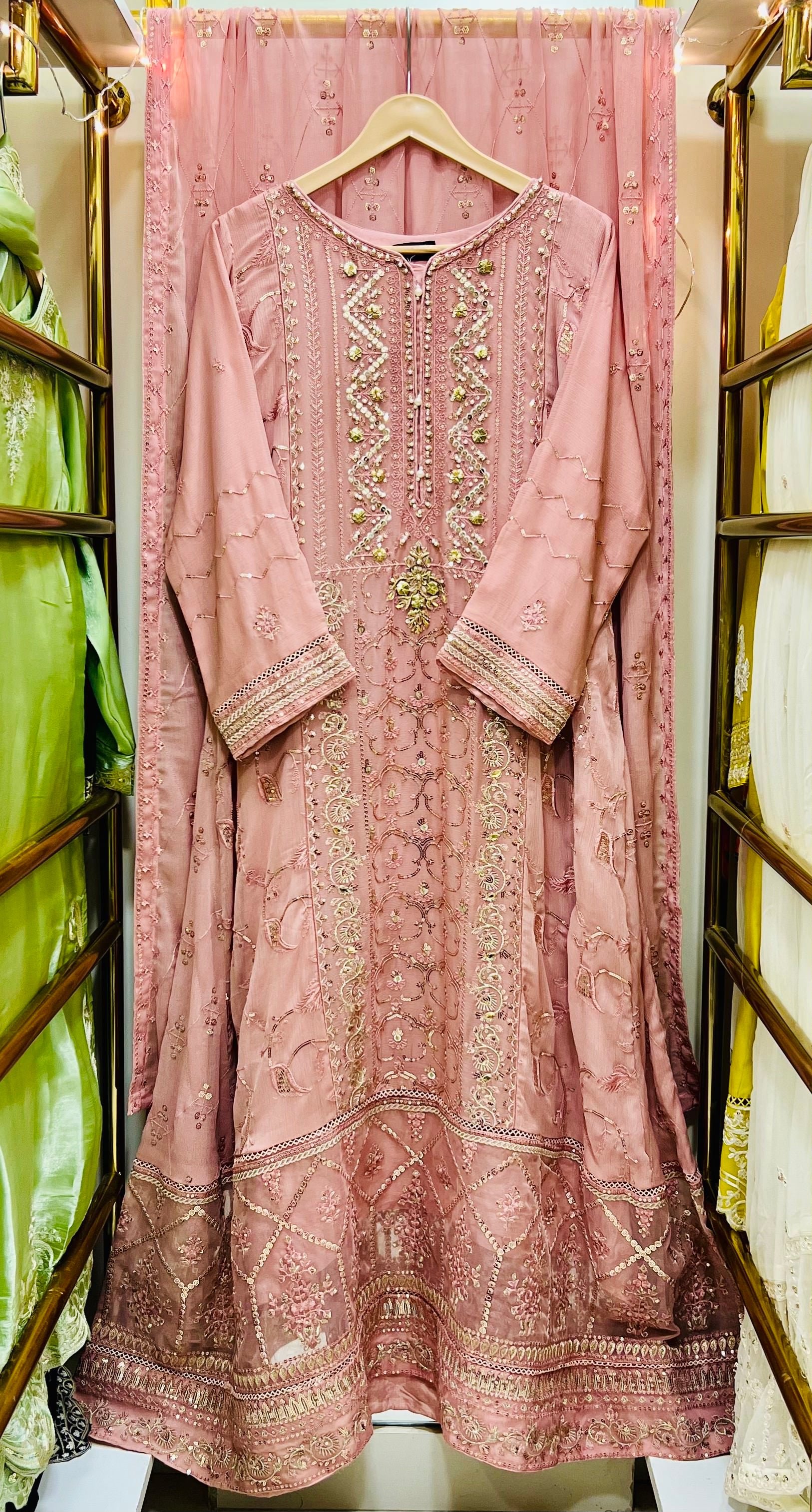 Peach Zarri & Sequin Embroidered Formal Gown – Luxury Wedding & Eid Wear