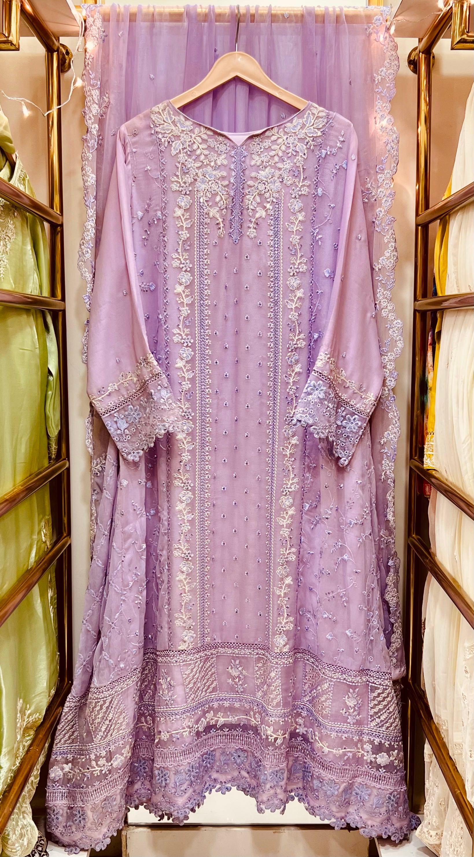 Lavender Luxe Embroidered Chiffon 3-Piece Stitched Suit – Formal Eid & Festive Wear