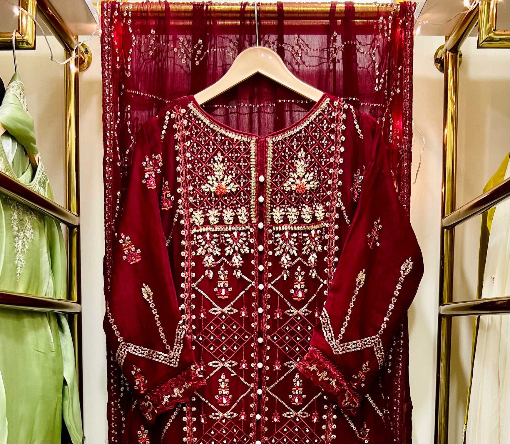 Mehroon Chiffon Gown 3 Piece – Embroidered Formal Maxi Dress with Dupatta | Wedding & Eid Wear Pakistan