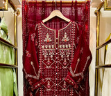 Mehroon Chiffon Gown 3 Piece – Embroidered Formal Maxi Dress with Dupatta | Wedding & Eid Wear Pakistan