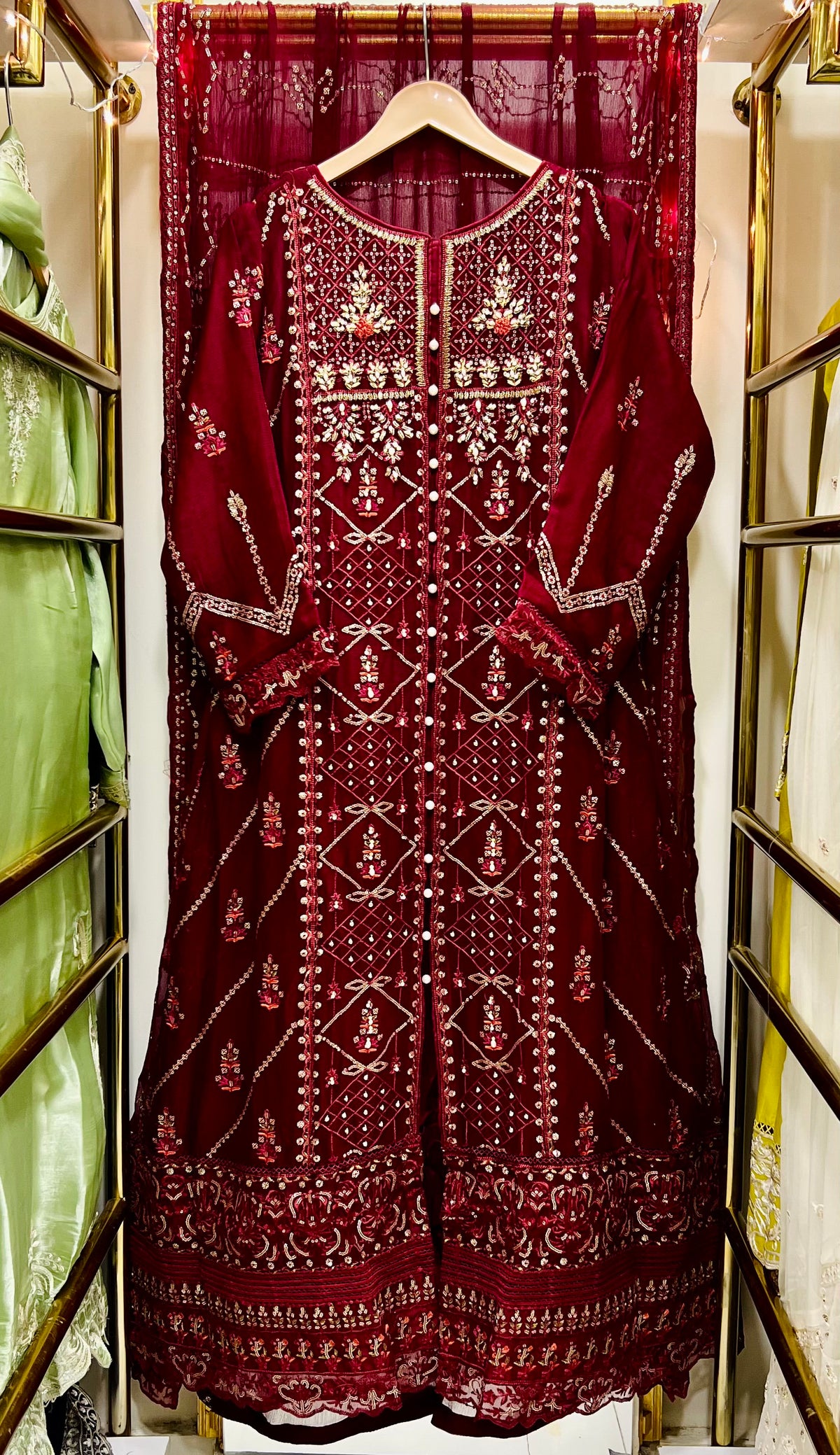 Mehroon Chiffon Gown 3 Piece – Embroidered Formal Maxi Dress with Dupatta | Wedding & Eid Wear Pakistan
