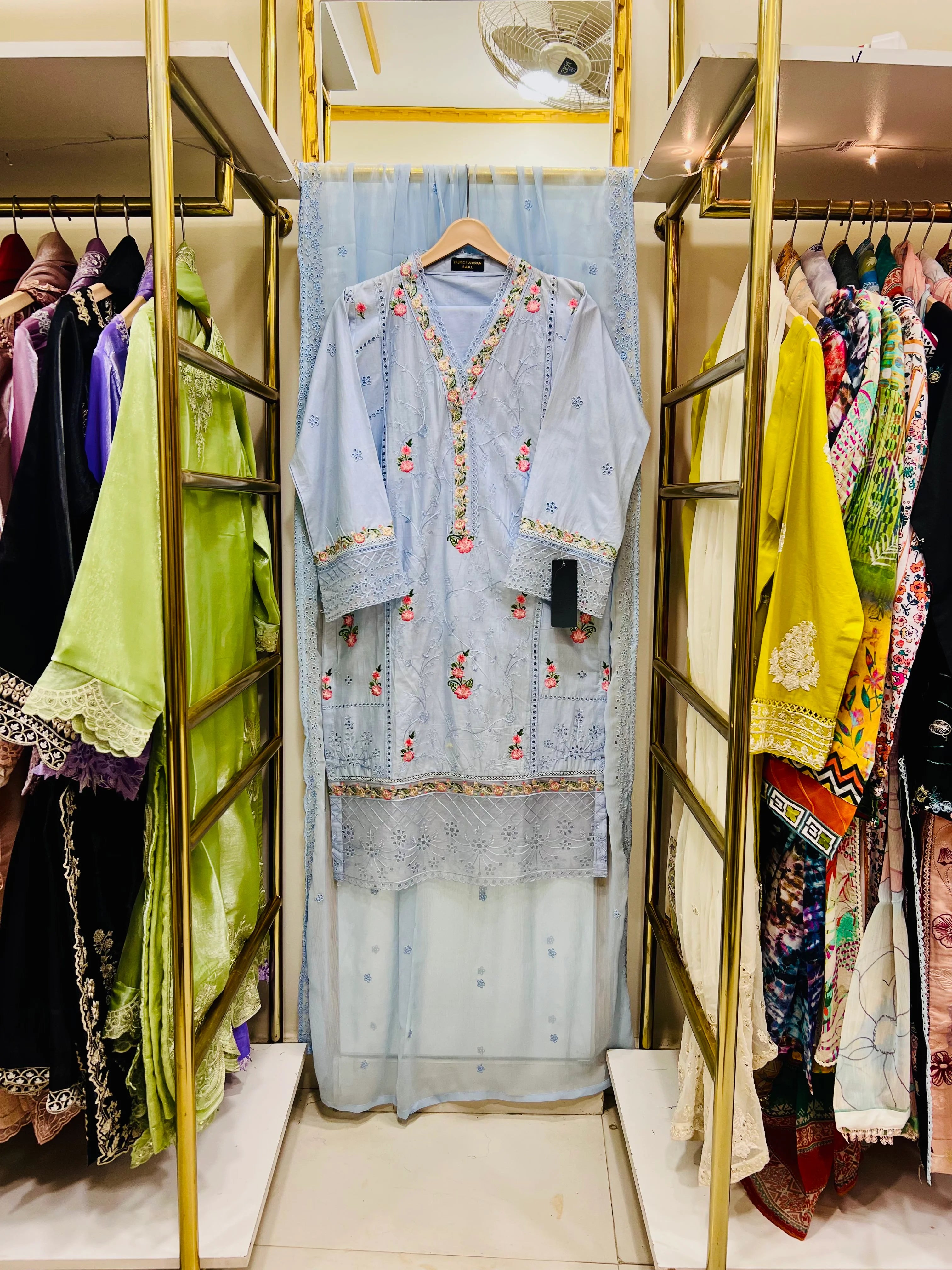 Azure Élise – Embroidered Cotton 3 Piece Suit with Chiffon Dupatta