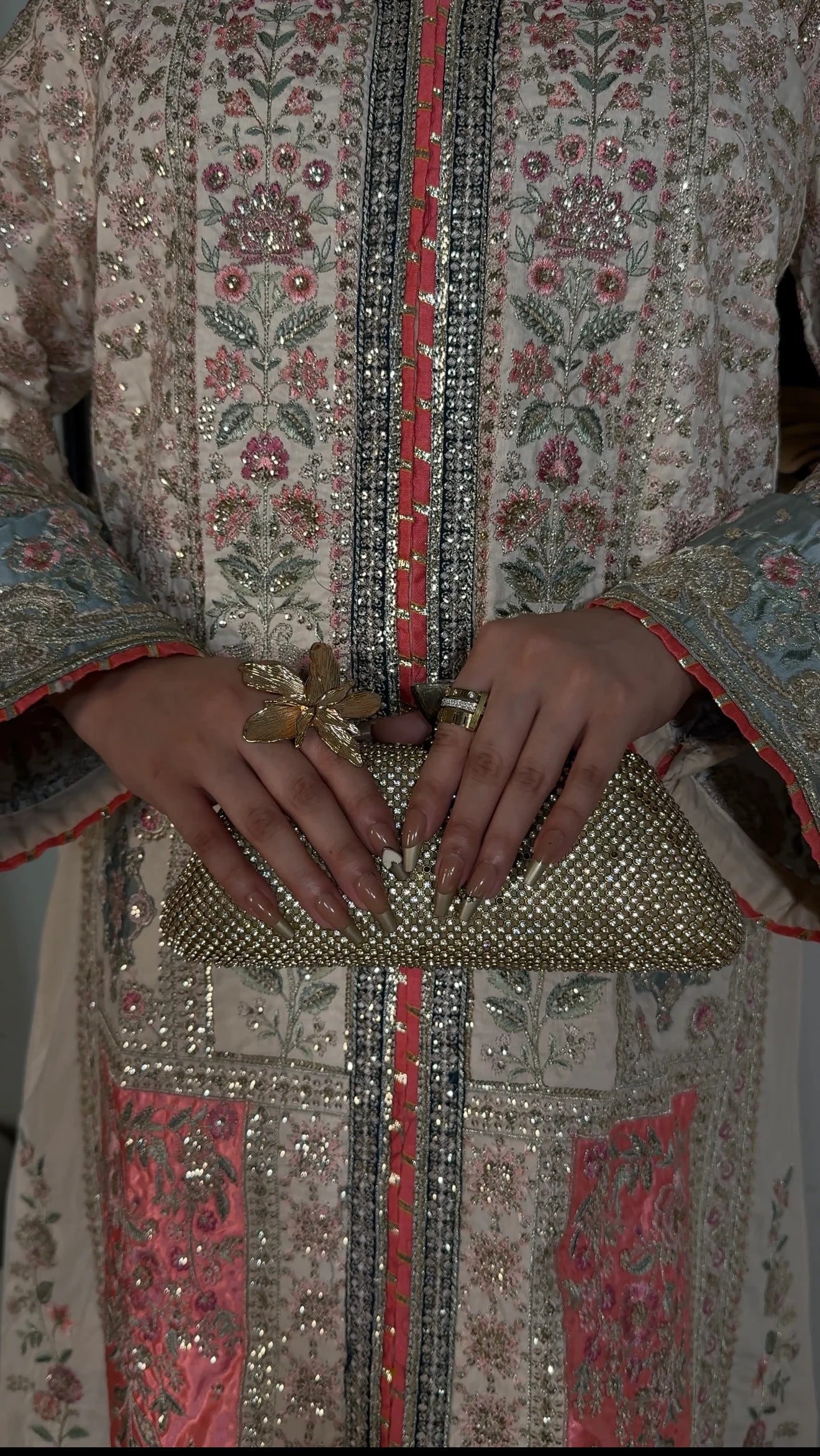 Ivory & Coral Embroidered Viscose Kaftan (2Pc)