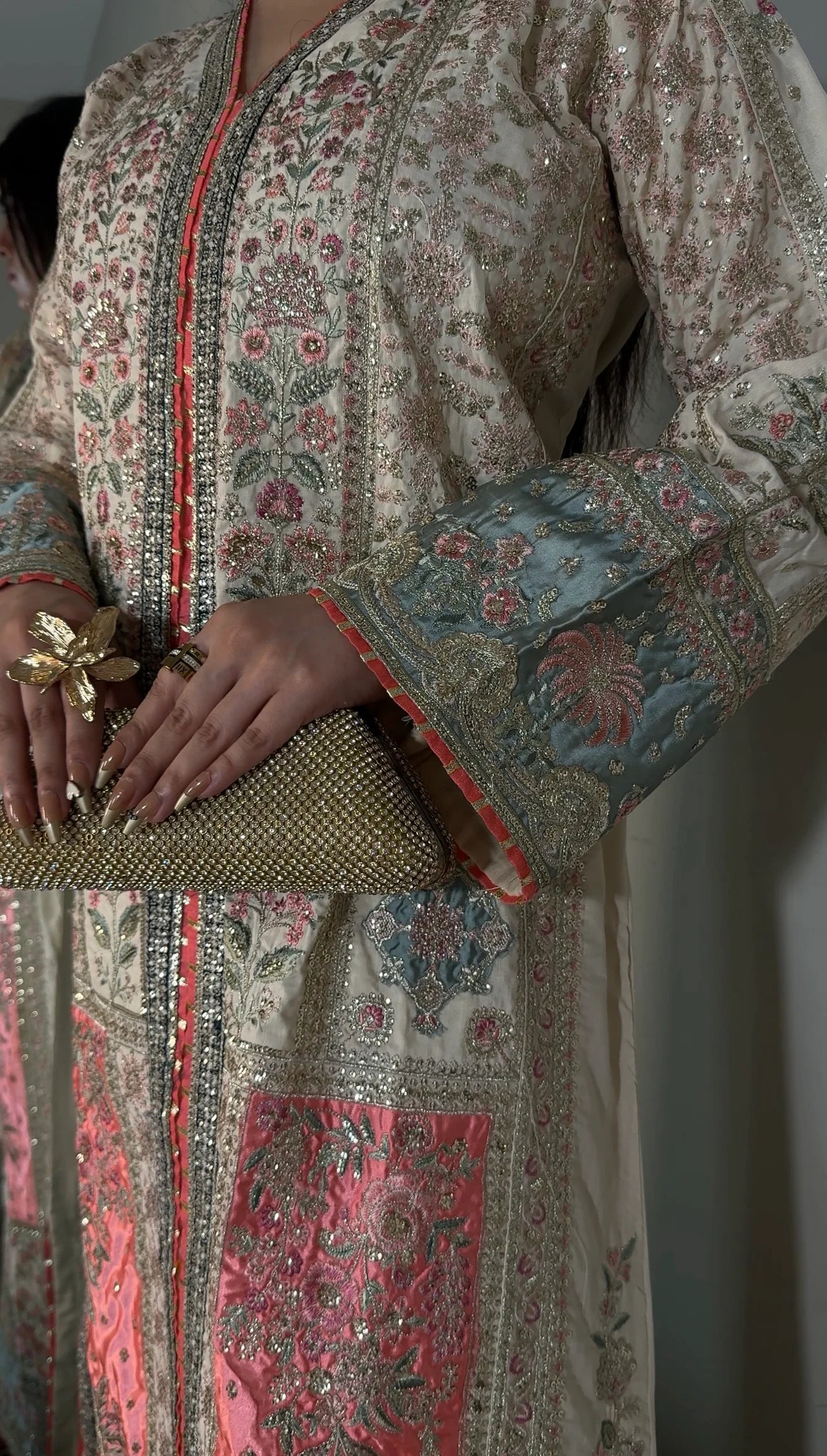 Ivory & Coral Embroidered Viscose Kaftan (2Pc)