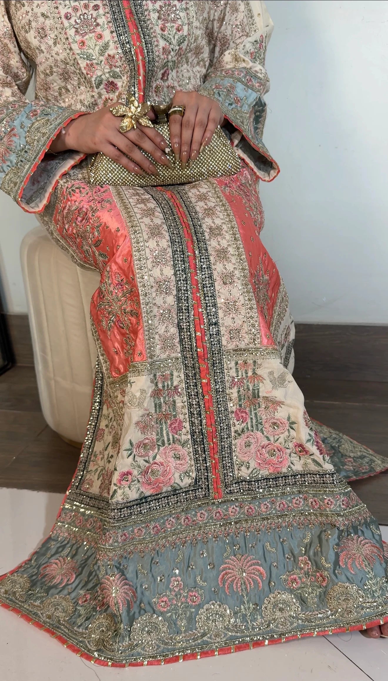 Ivory & Coral Embroidered Viscose Kaftan (2Pc)