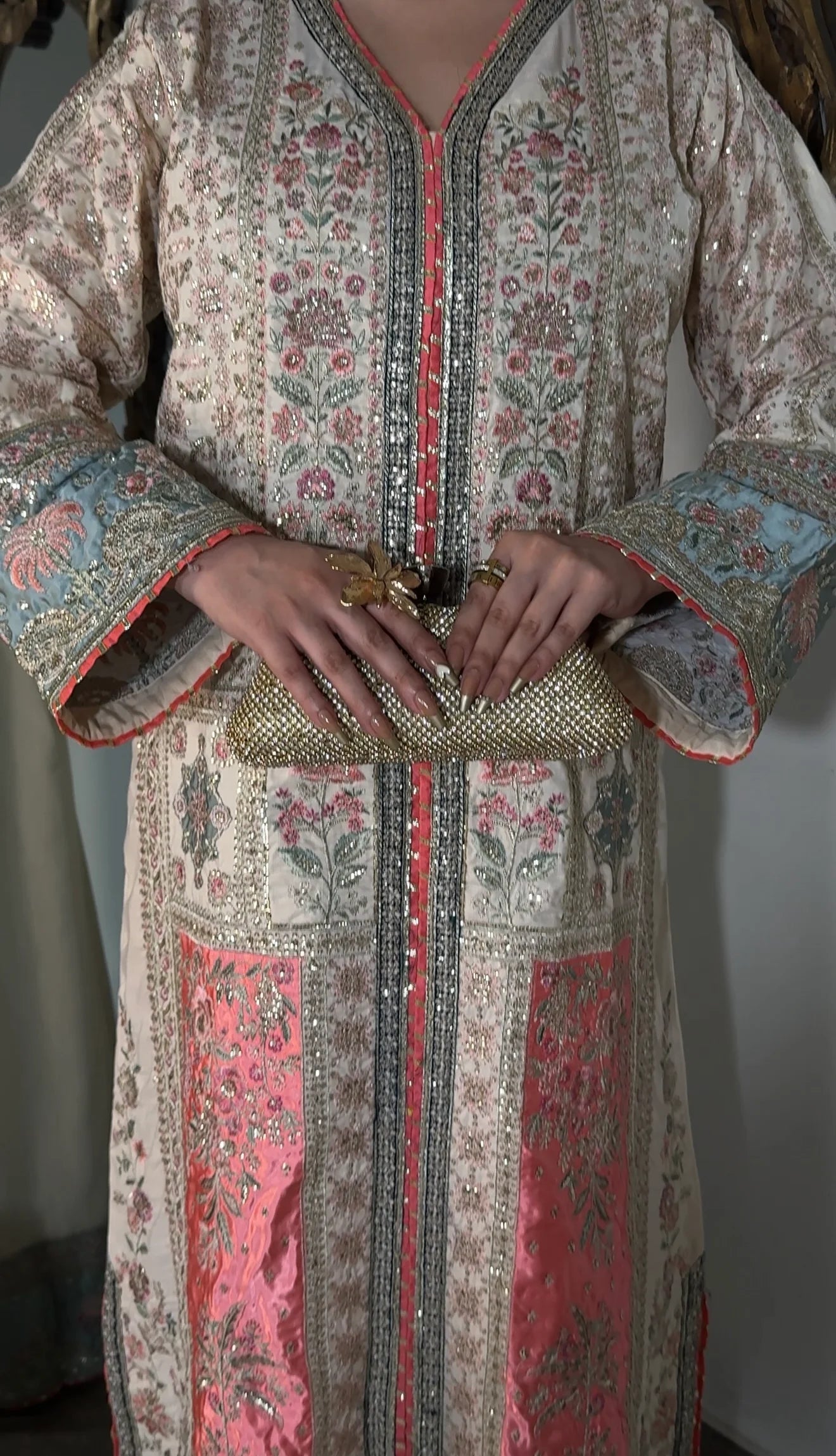 Ivory & Coral Embroidered Viscose Kaftan (2Pc)