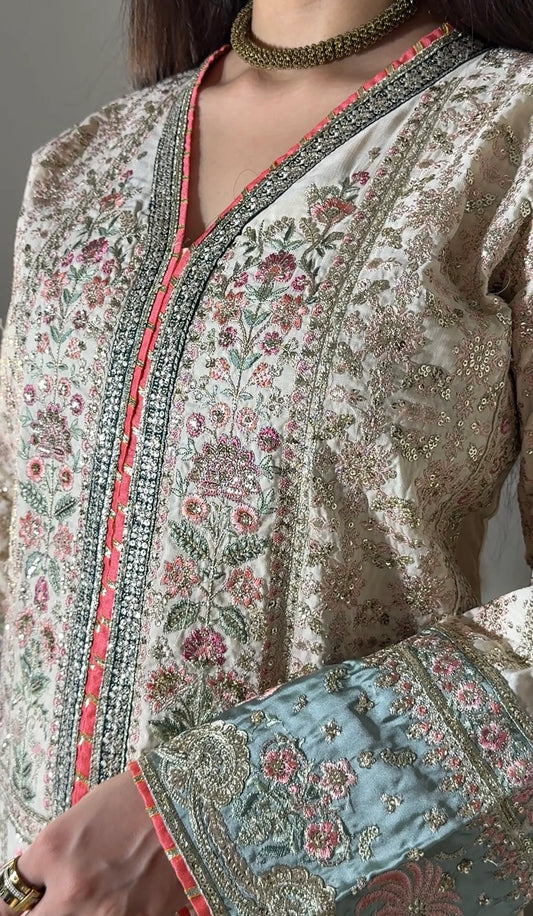 Ivory & Coral Embroidered Viscose Kaftan (2Pc)