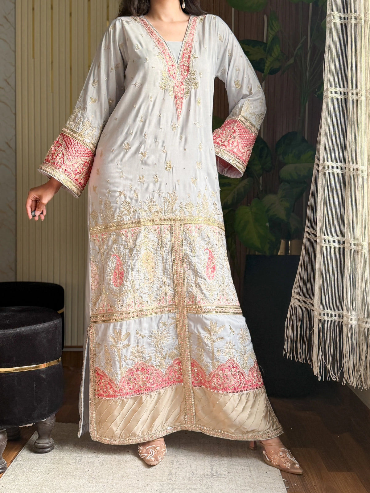 Silver Majesty – Grey Embroidered Kaftan Dress | Fabric Emporium