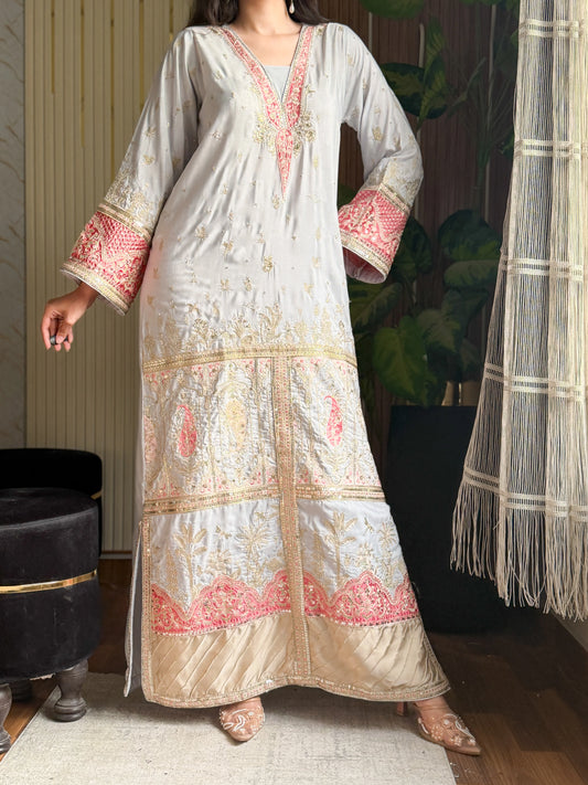 Silver Majesty – Grey Embroidered Kaftan Dress | Fabric Emporium