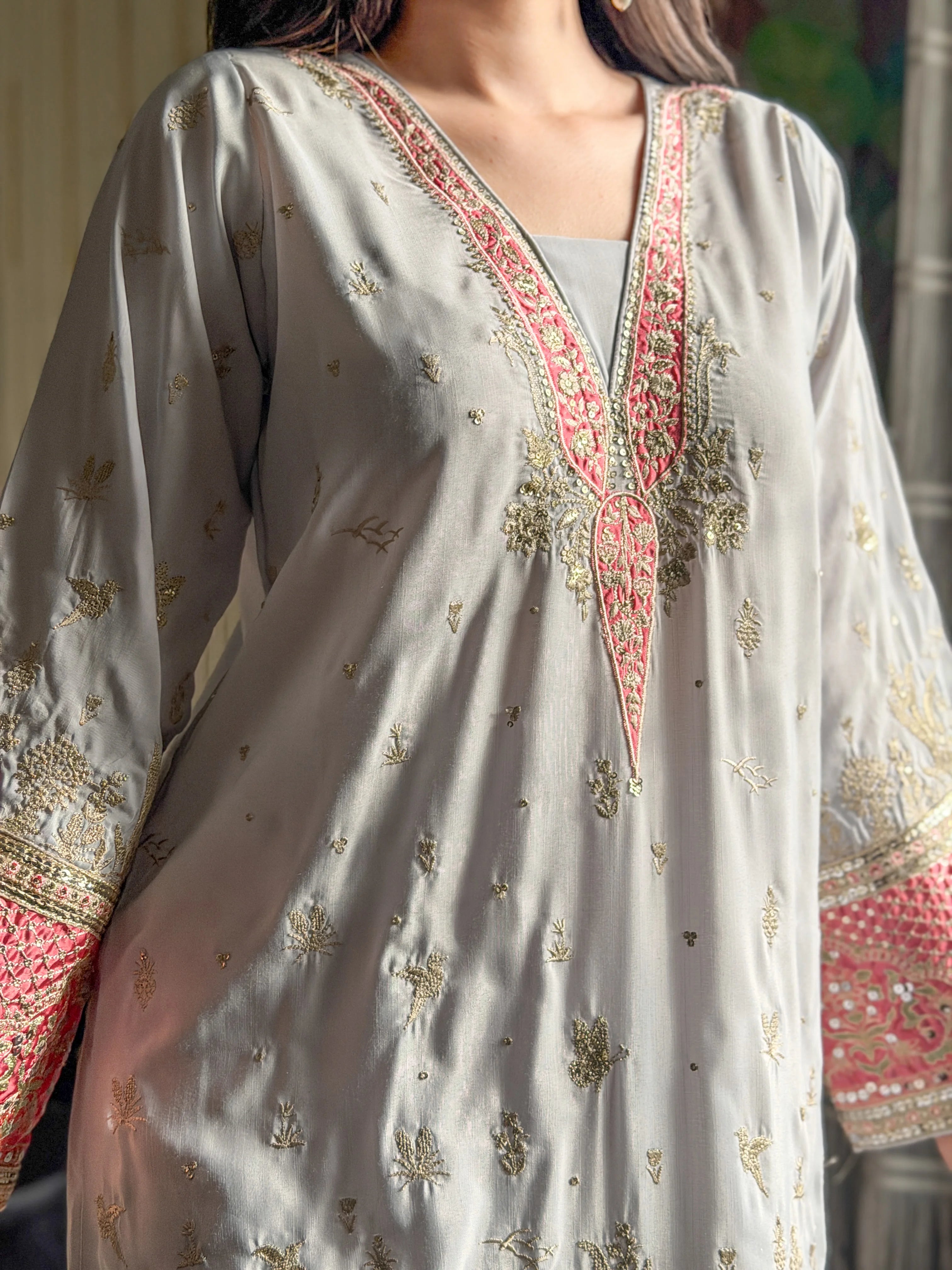 Silver Majesty – Grey Embroidered Kaftan Dress | Fabric Emporium
