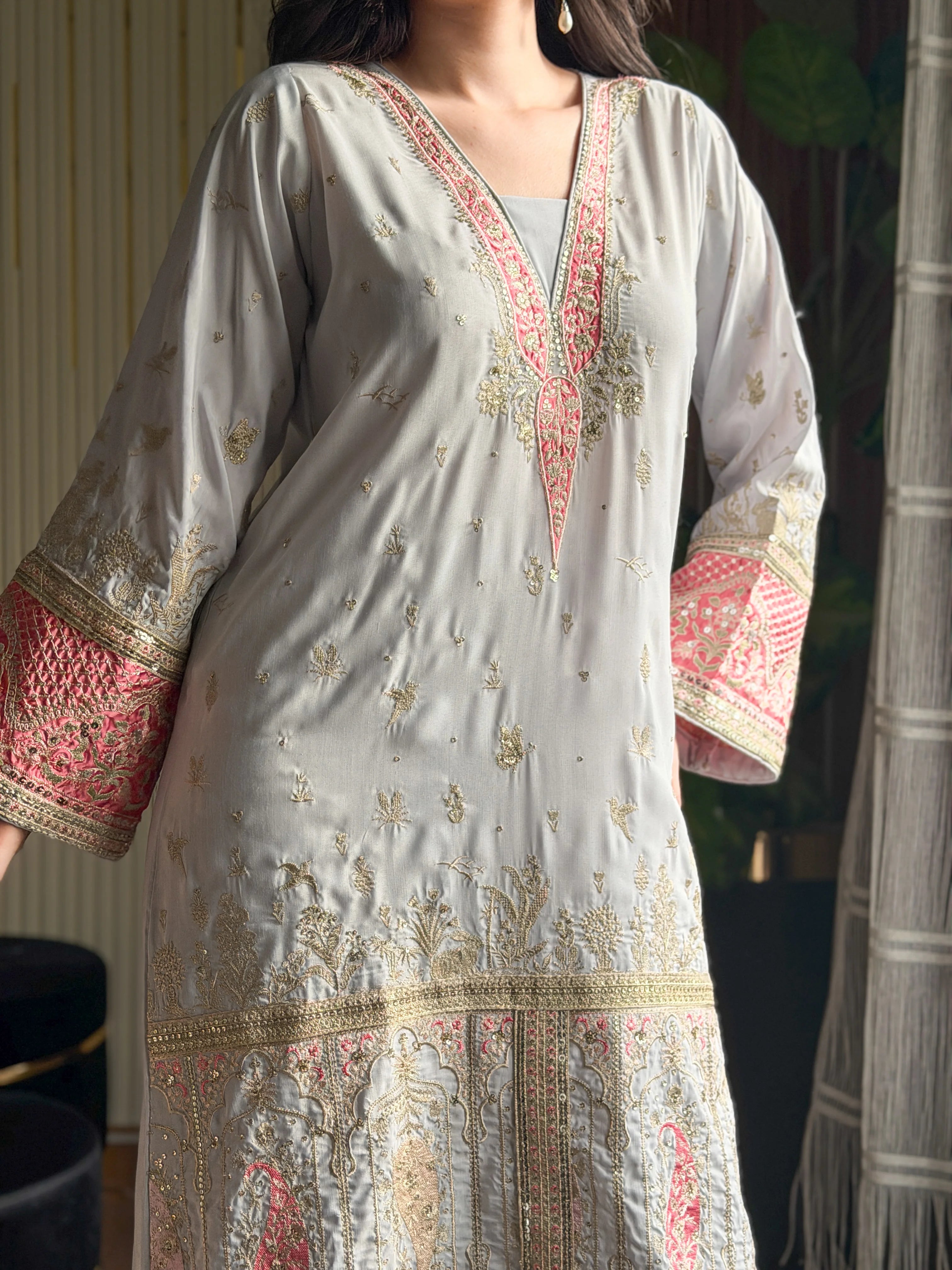 Silver Majesty – Grey Embroidered Kaftan Dress | Fabric Emporium