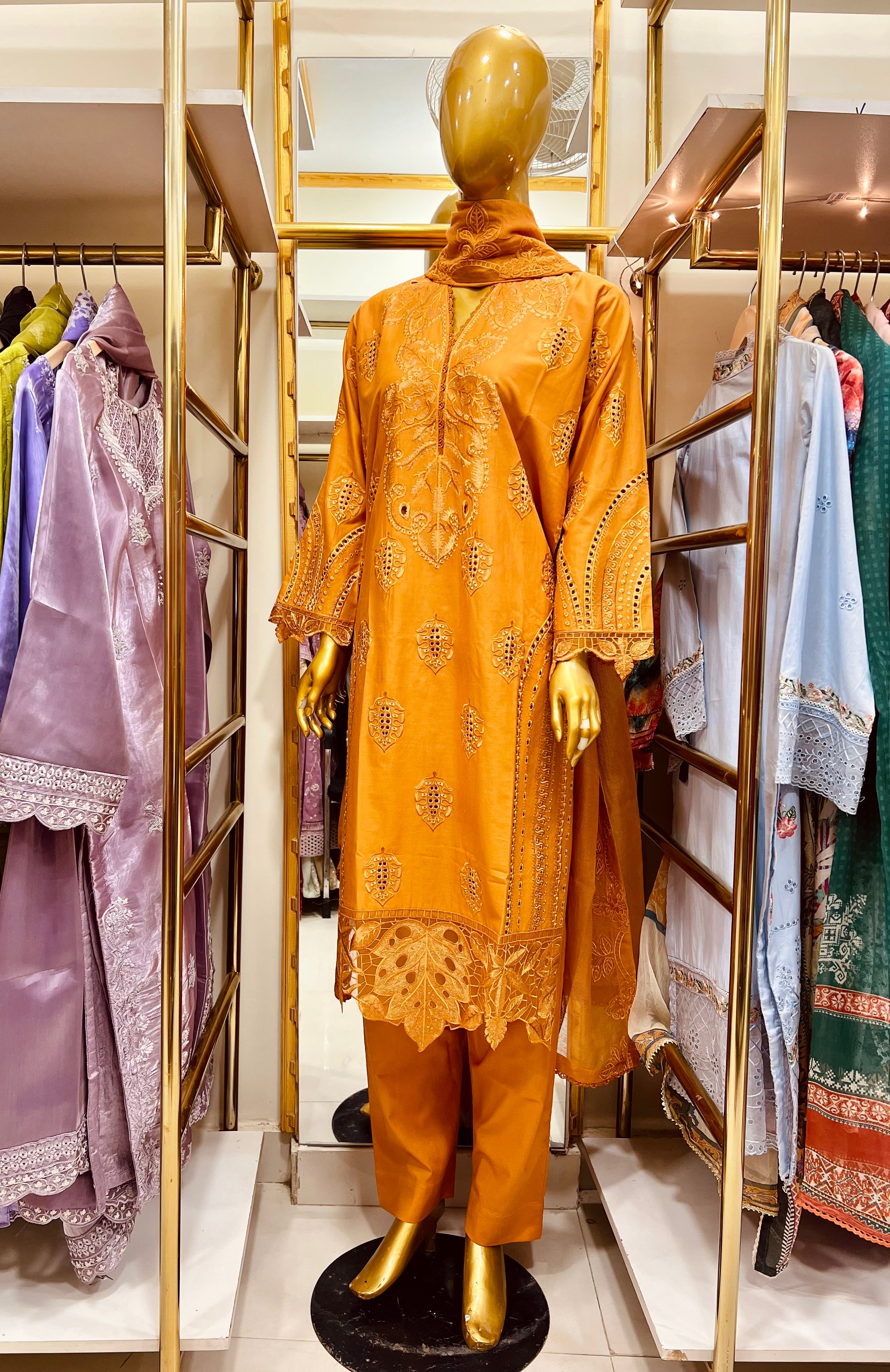 Hot Orange Embroidered Cotton 3PC Suit – Statement Summer Luxury