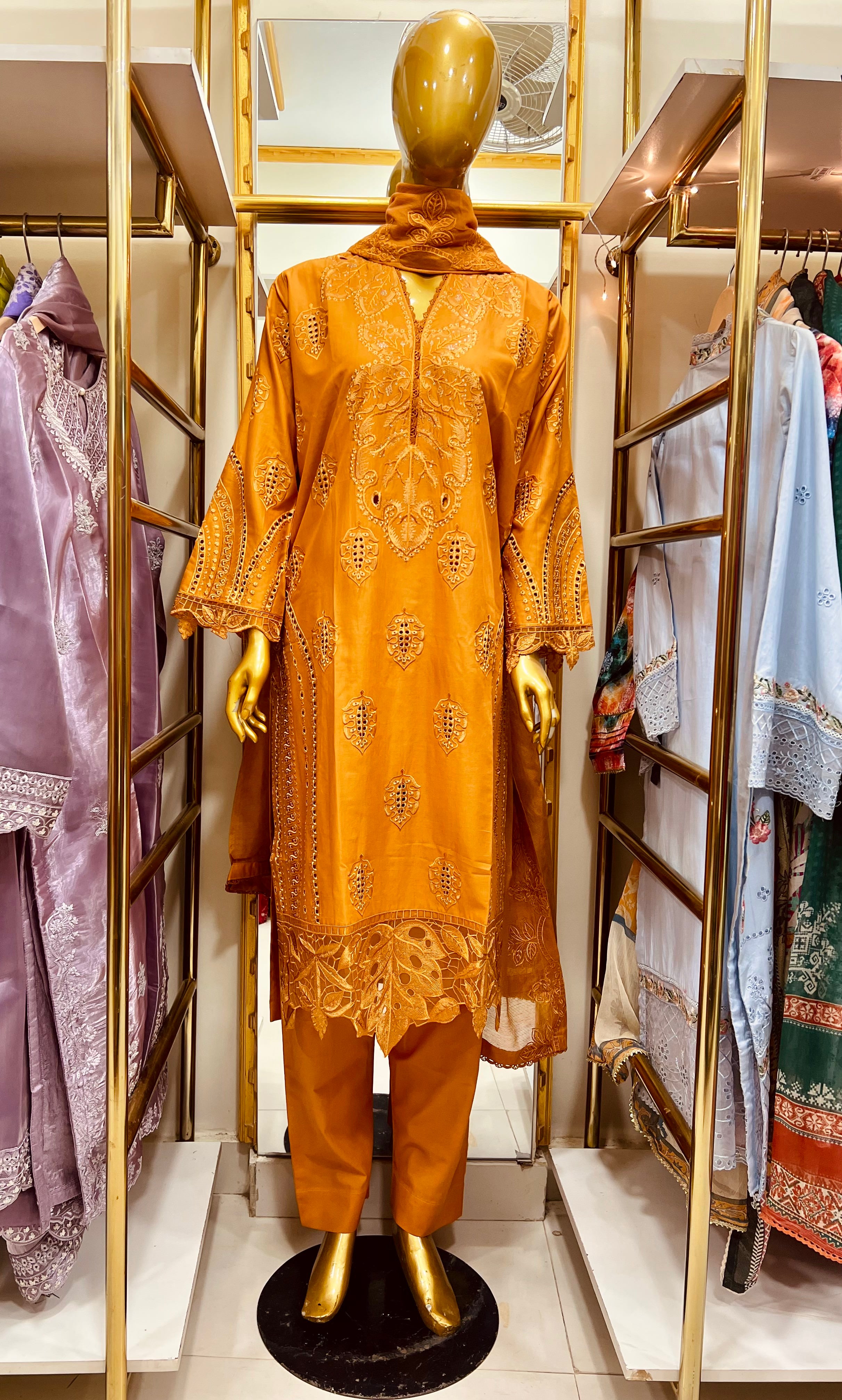 Hot Orange Embroidered Cotton 3PC Suit – Statement Summer Luxury