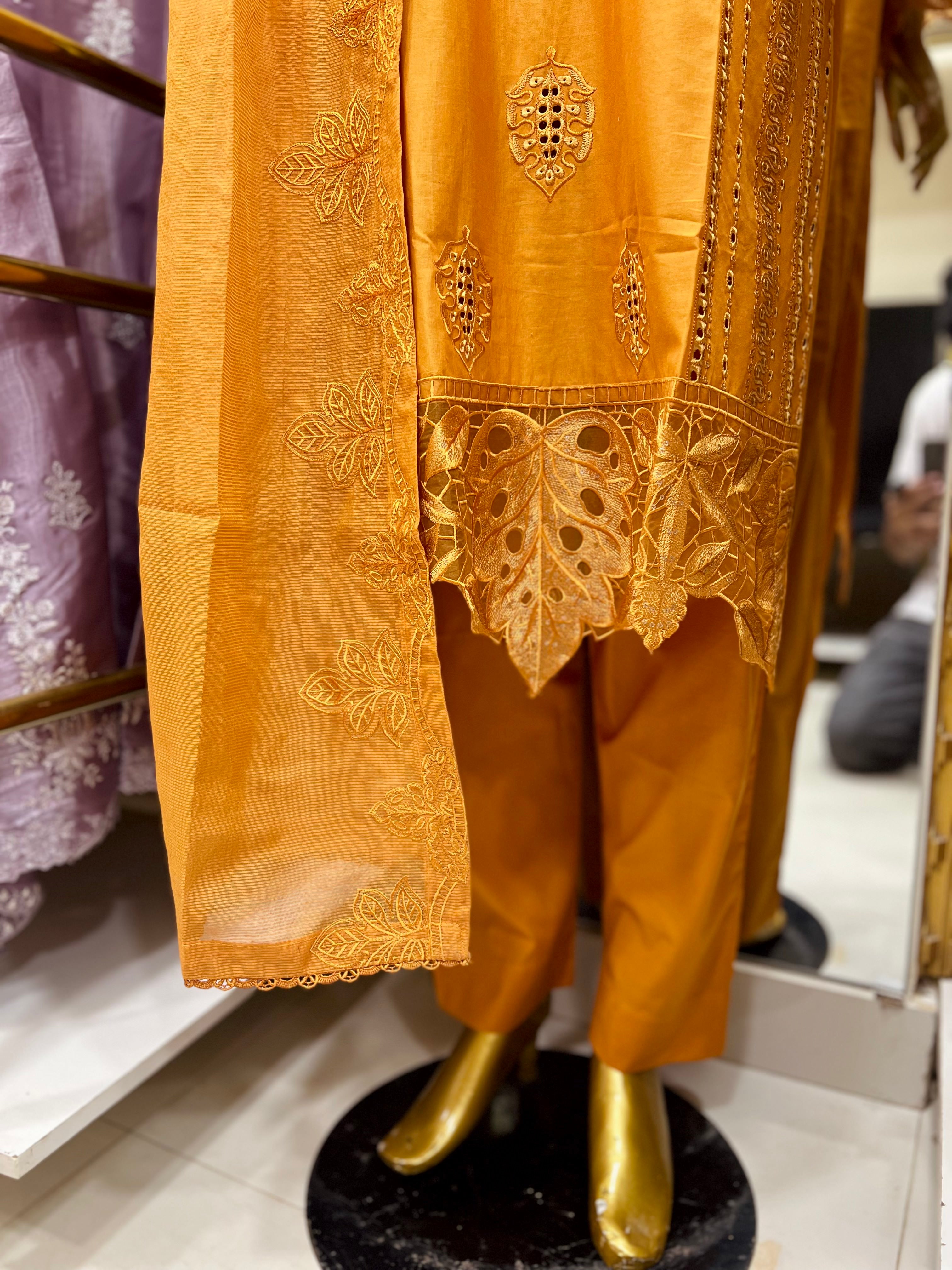 Hot Orange Embroidered Cotton 3PC Suit – Statement Summer Luxury