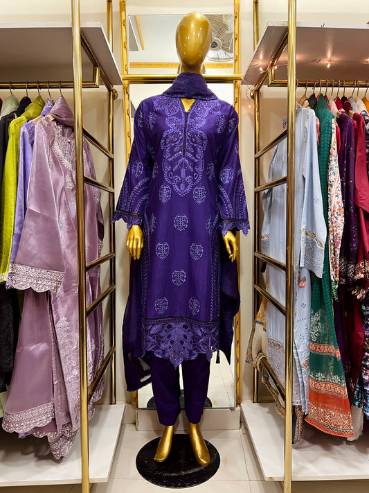 Purple Embroidered Cotton 3PC Suit with Organza Dupatta