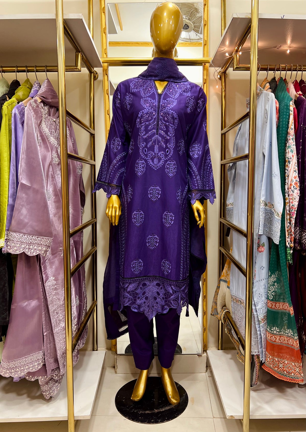 Purple Embroidered Cotton 3PC Suit with Organza Dupatta